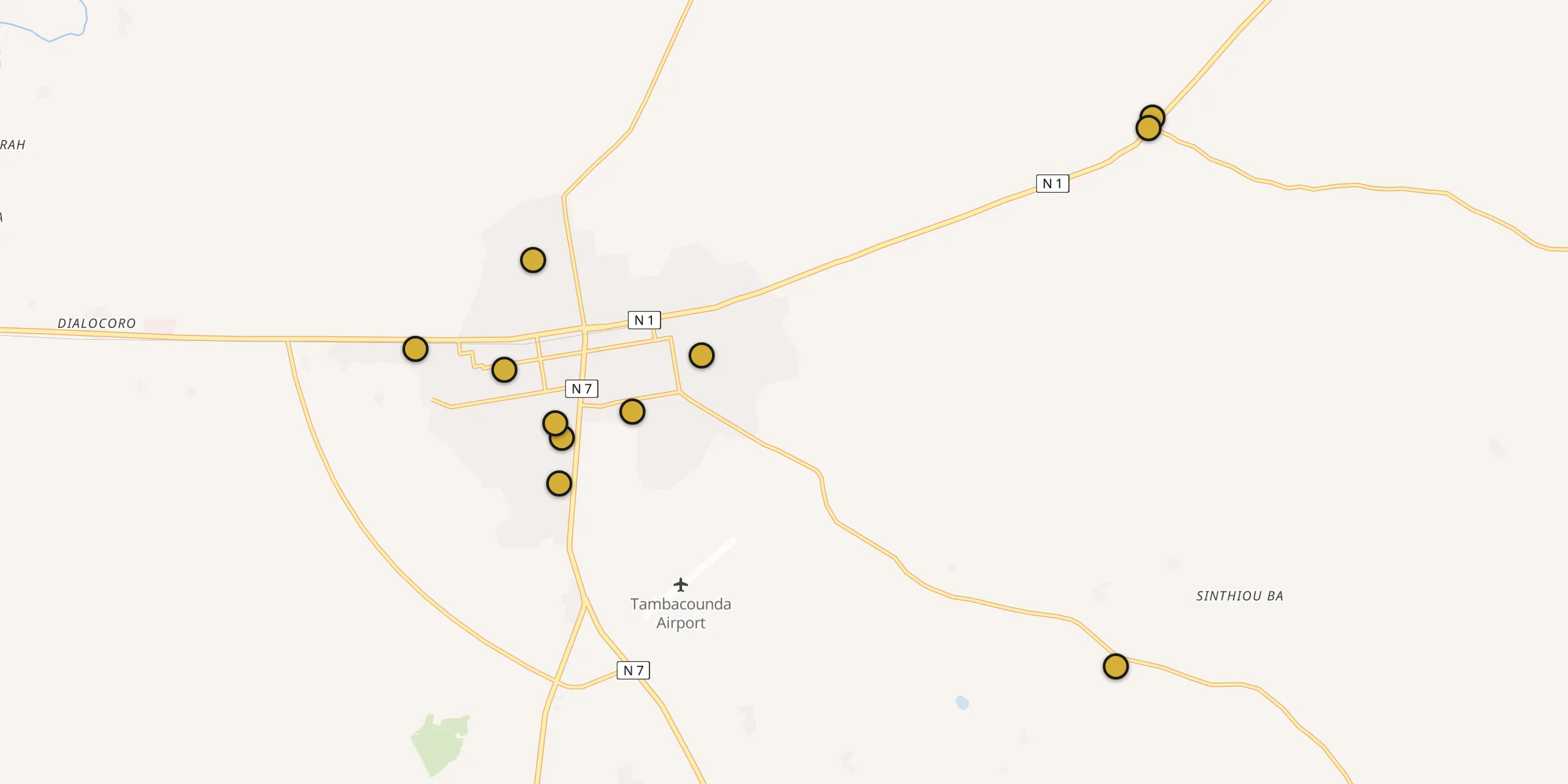 Plan des mosquées à Tambacounda : cliquez sur un point pour voir la fiche
