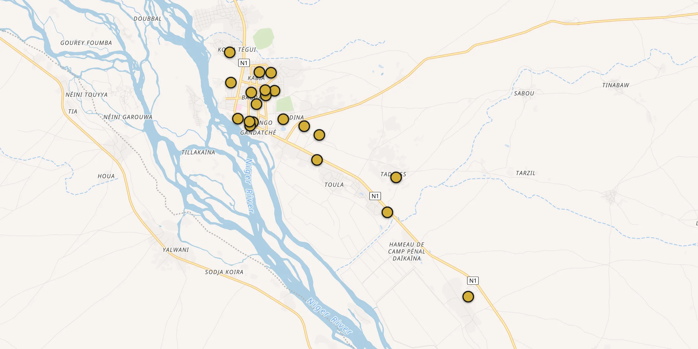Plan des mosquées à Tillabéri : cliquez sur un point pour voir la fiche