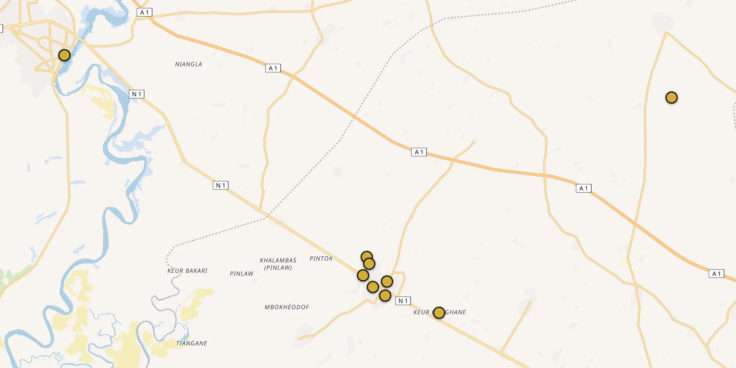 Plan des mosquées à Gandiaye : cliquez sur un point pour voir la fiche