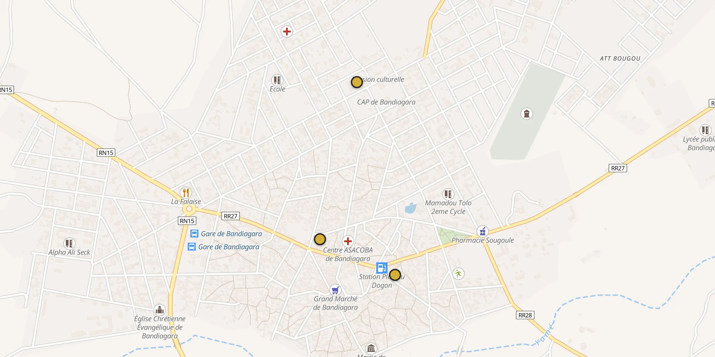Plan des mosquées à Bandiagara : cliquez sur un point pour voir la fiche