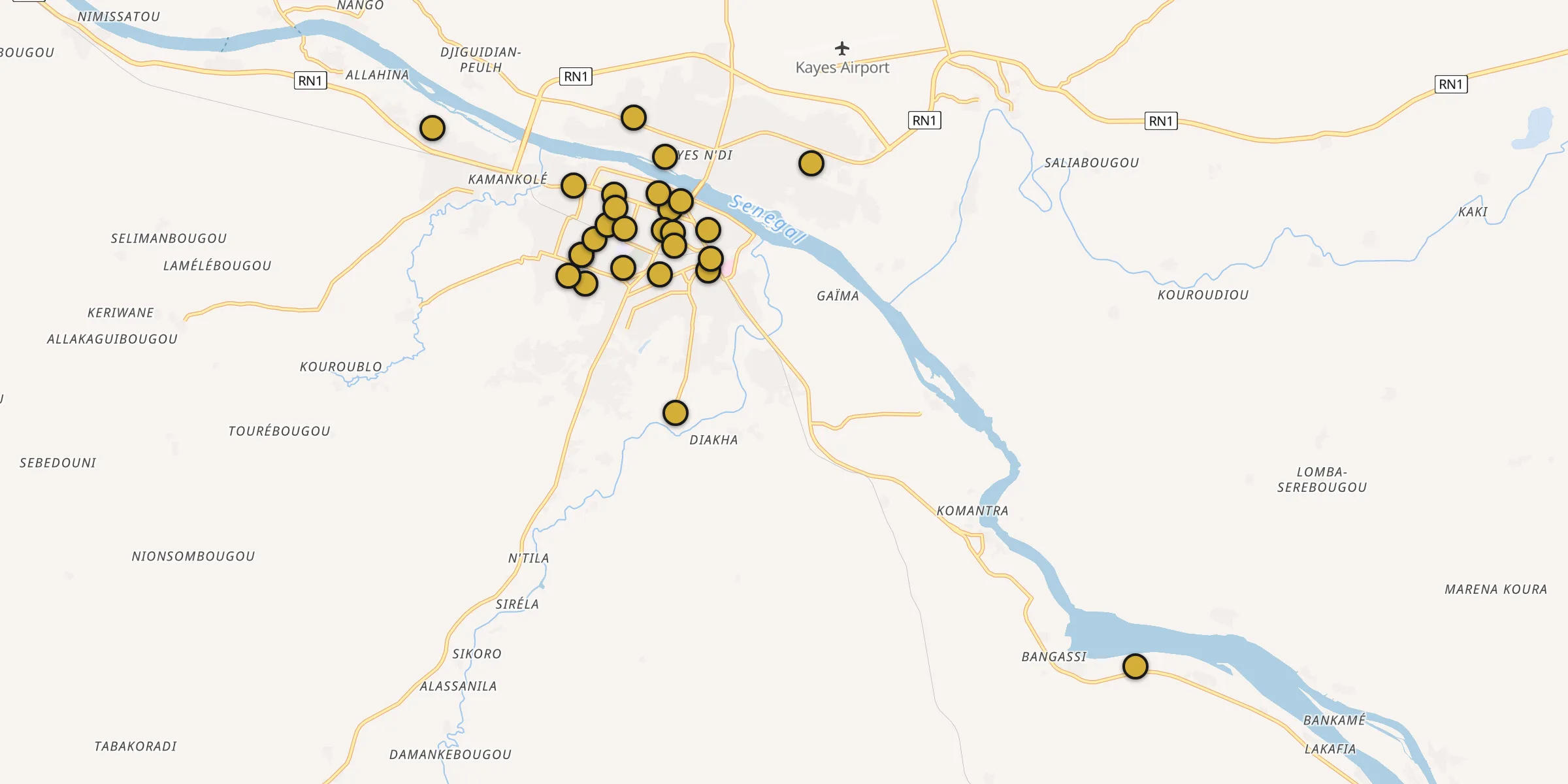 Plan des mosquées à Kayes : cliquez sur un point pour voir la fiche
