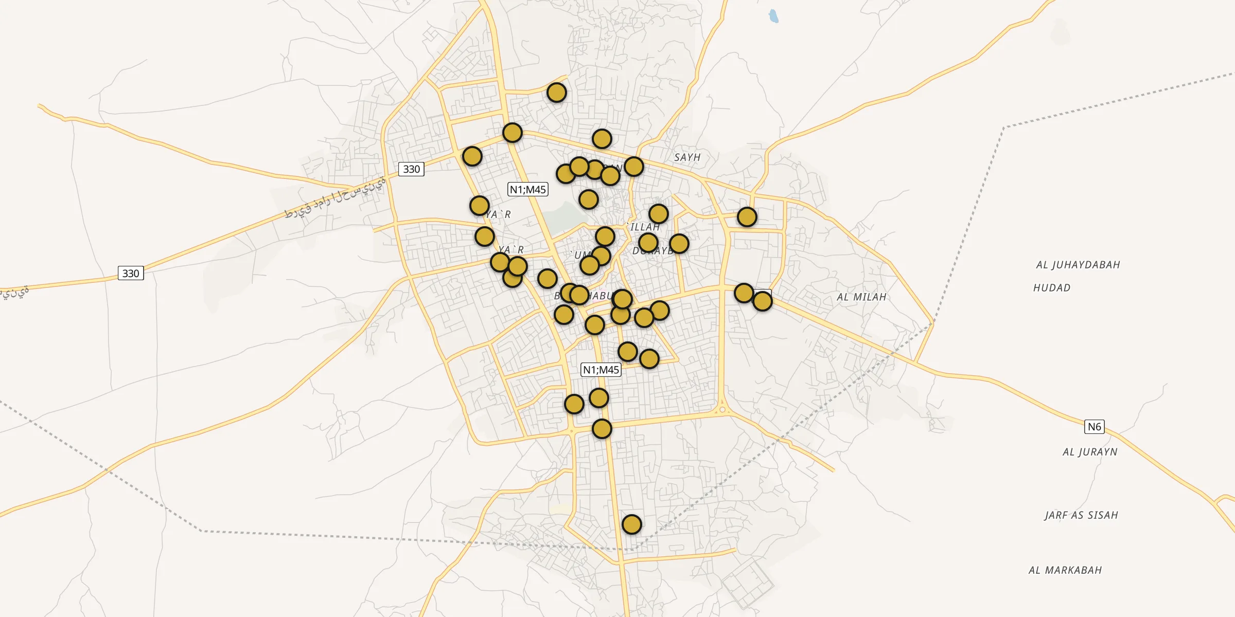 Plan des mosquées à Dhamār : cliquez sur un point pour voir la fiche