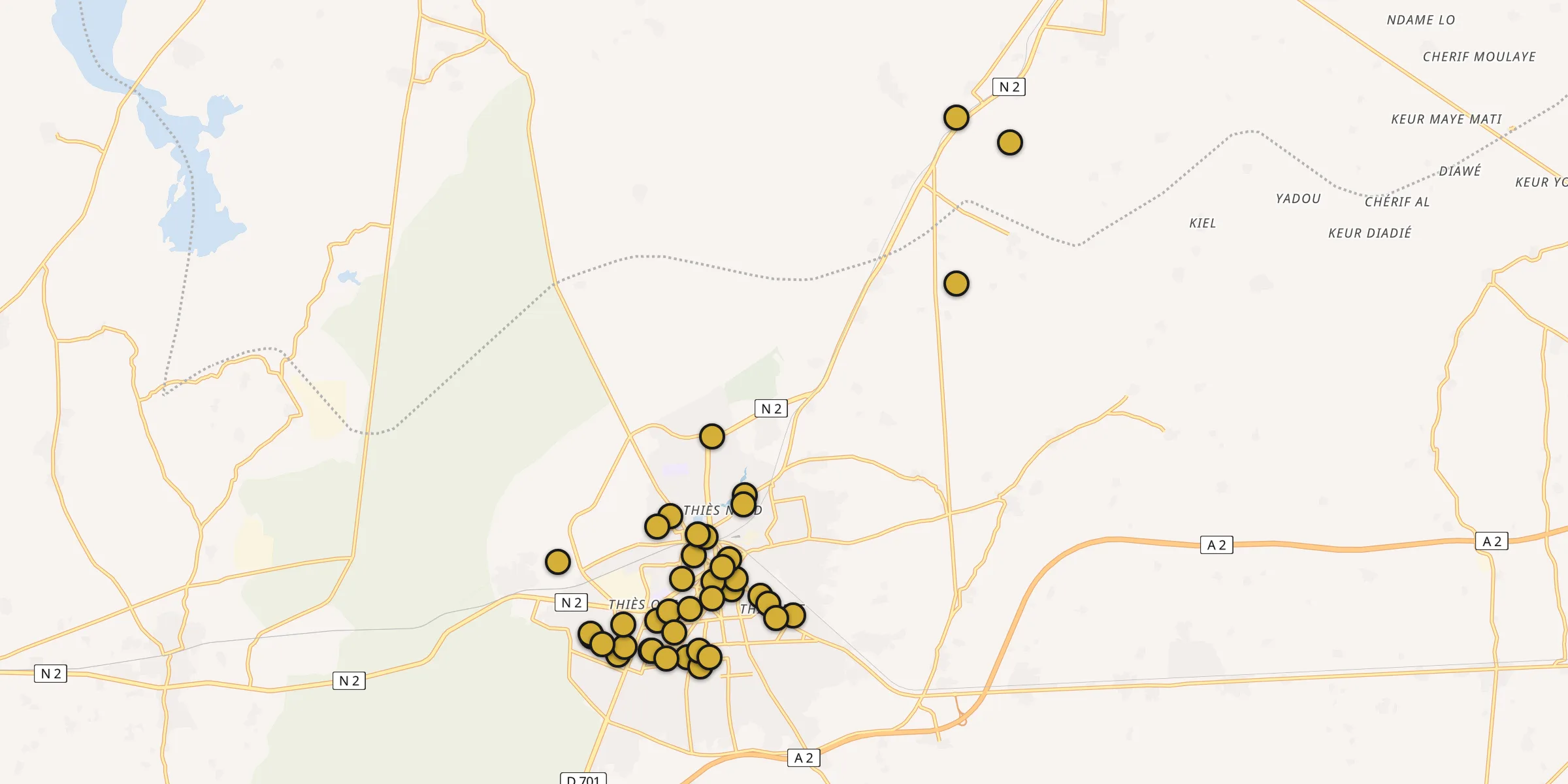 Plan des mosquées à Thiès Nones : cliquez sur un point pour voir la fiche