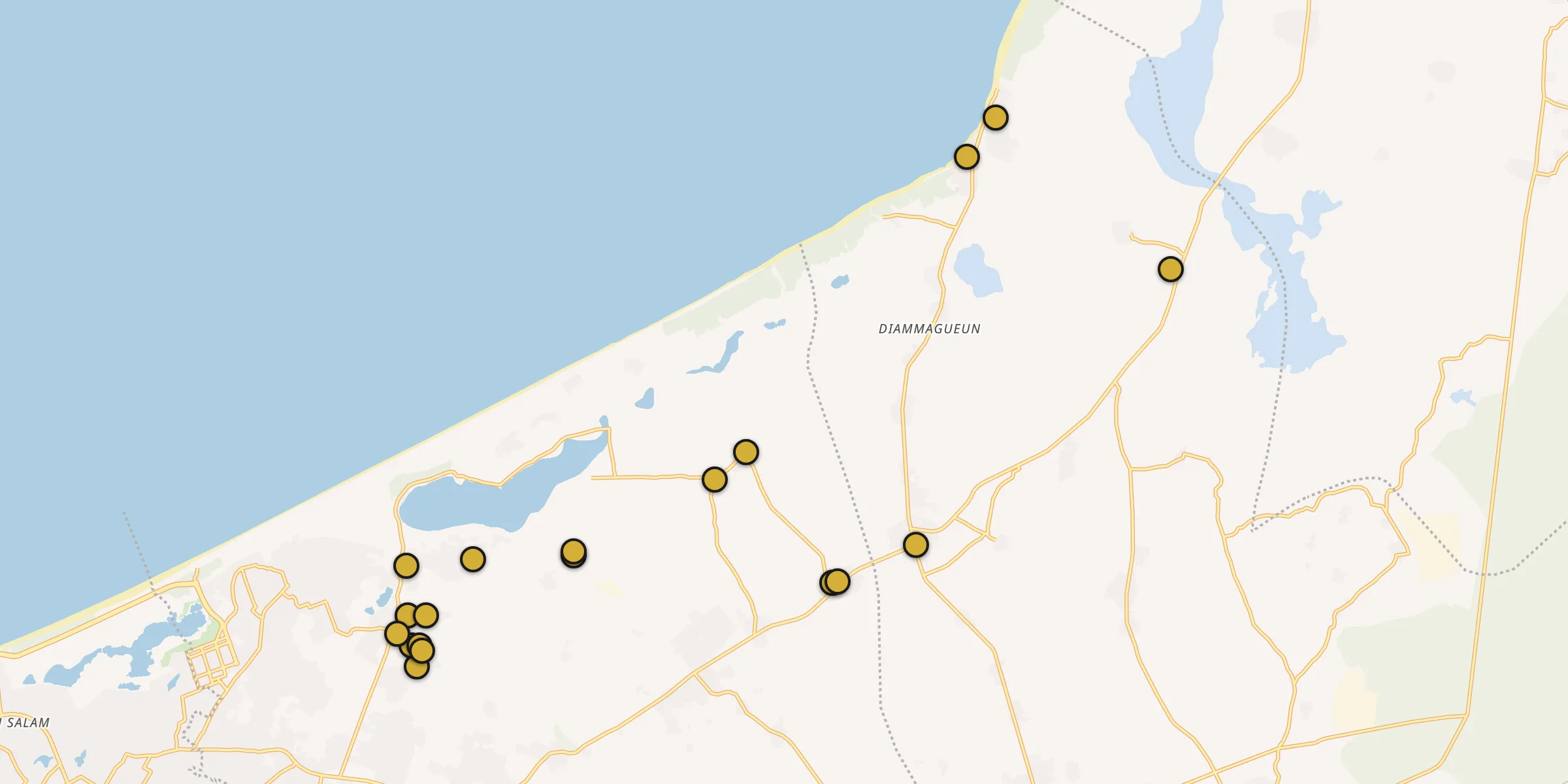 Plan des mosquées à Kayar : cliquez sur un point pour voir la fiche
