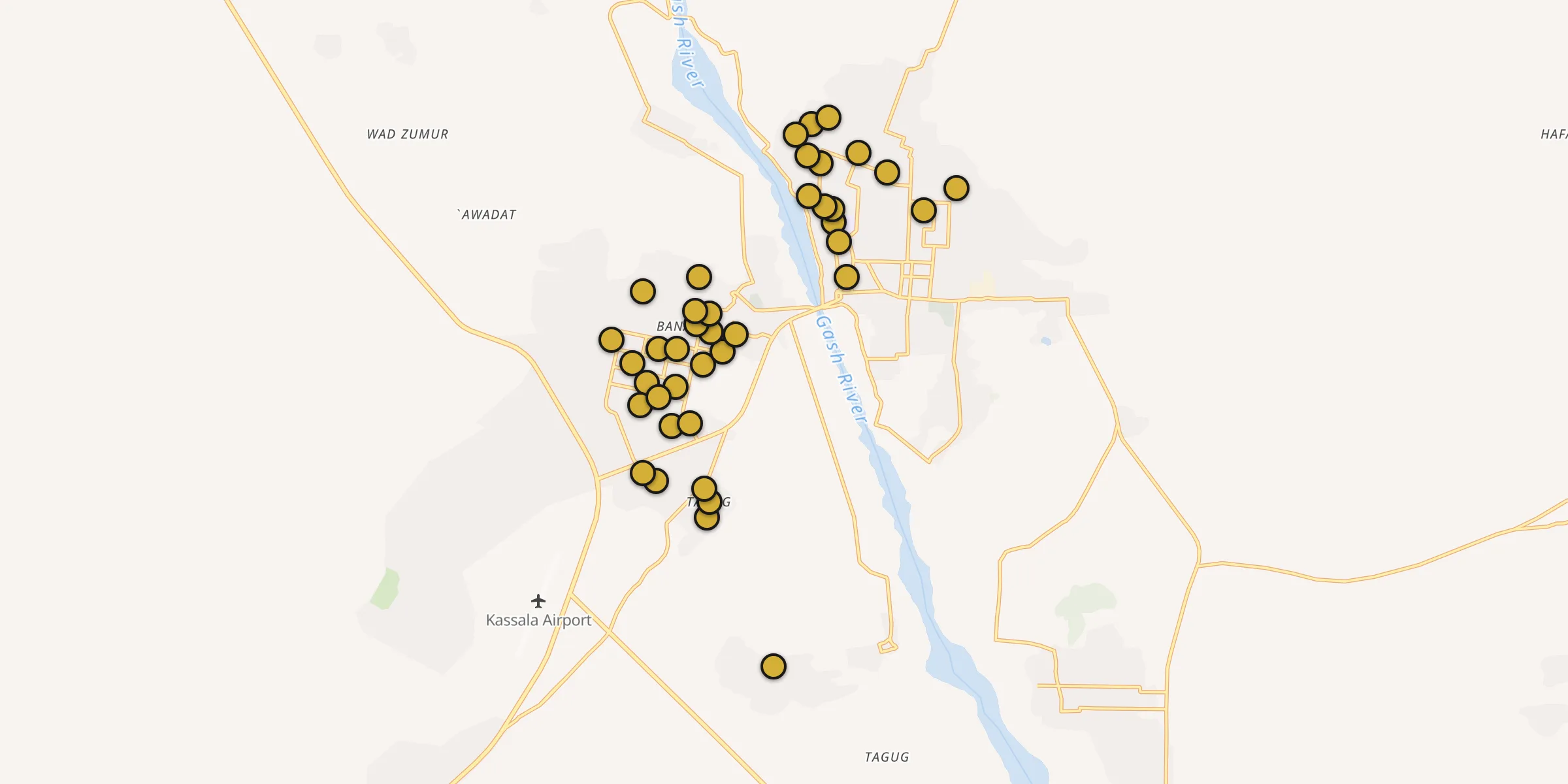 Plan des mosquées à Kassala : cliquez sur un point pour voir la fiche