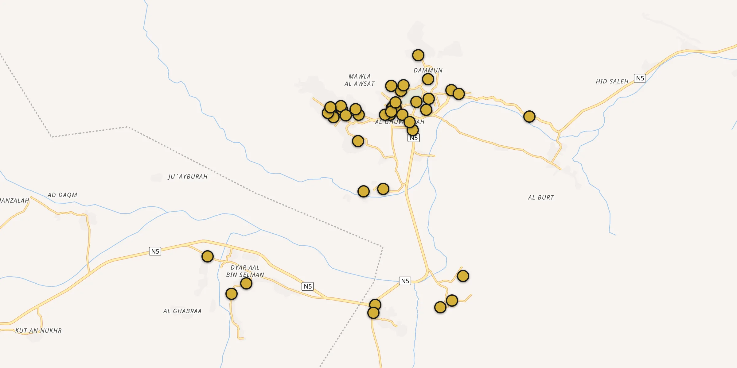 Plan des mosquées à Tarim : cliquez sur un point pour voir la fiche