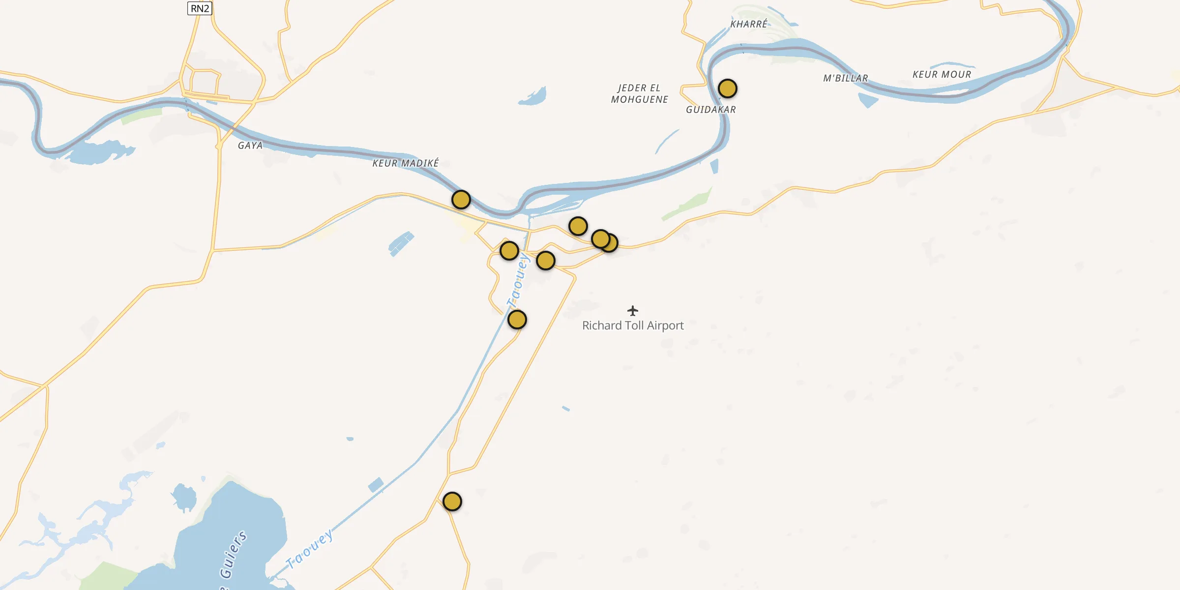 Plan des mosquées à Richard-Toll : cliquez sur un point pour voir la fiche