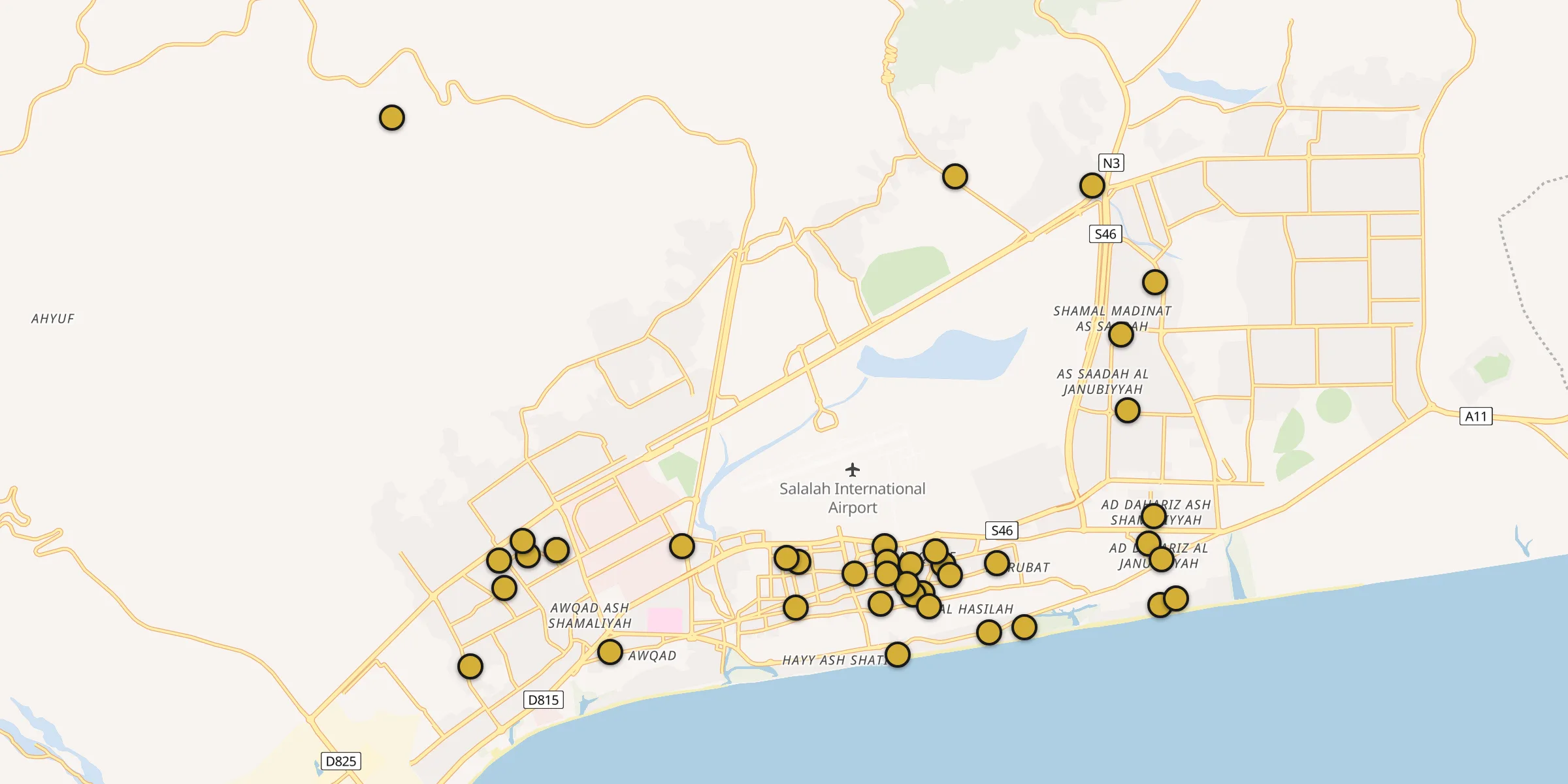 Plan des mosquées à Salalah : cliquez sur un point pour voir la fiche