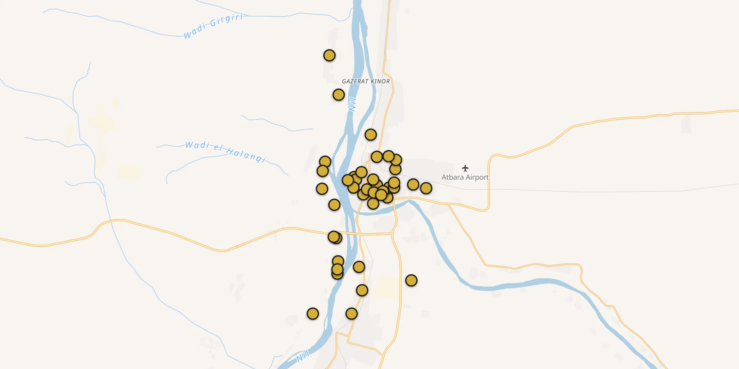 Plan des mosquées à Atbara : cliquez sur un point pour voir la fiche