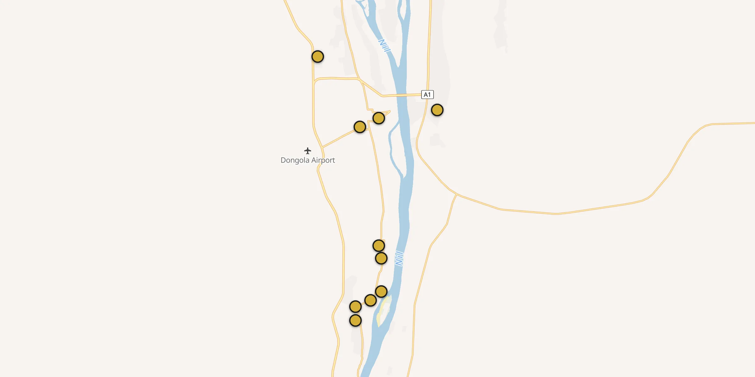 Plan des mosquées à Dongola : cliquez sur un point pour voir la fiche