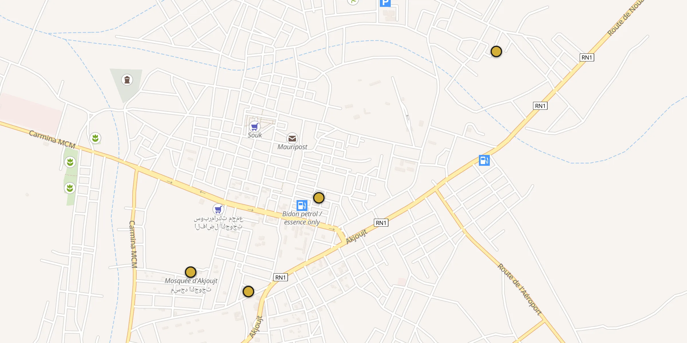 Plan des mosquées à Akjoujt : cliquez sur un point pour voir la fiche