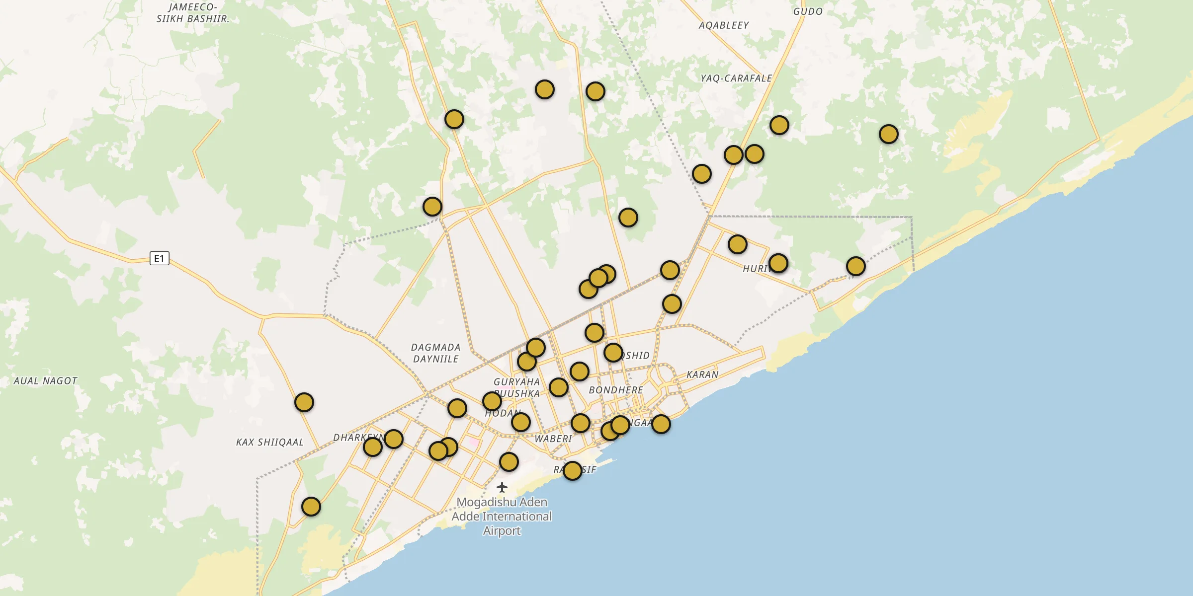 Plan des mosquées à Mogadishu : cliquez sur un point pour voir la fiche