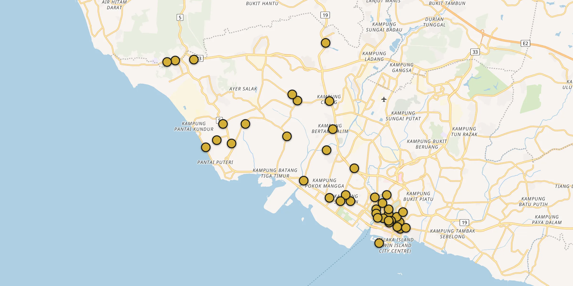 Plan des mosquées à Malacca : cliquez sur un point pour voir la fiche