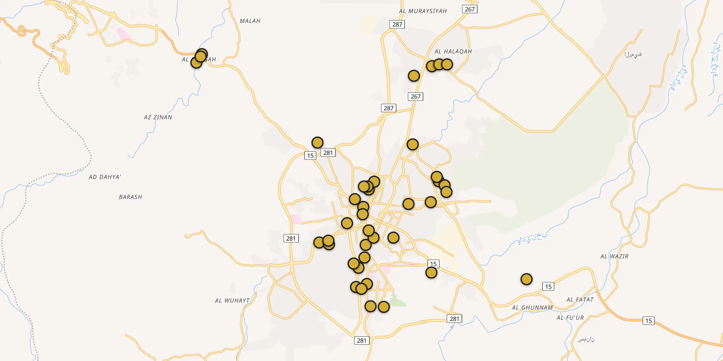 Plan des mosquées à Taëf : cliquez sur un point pour voir la fiche