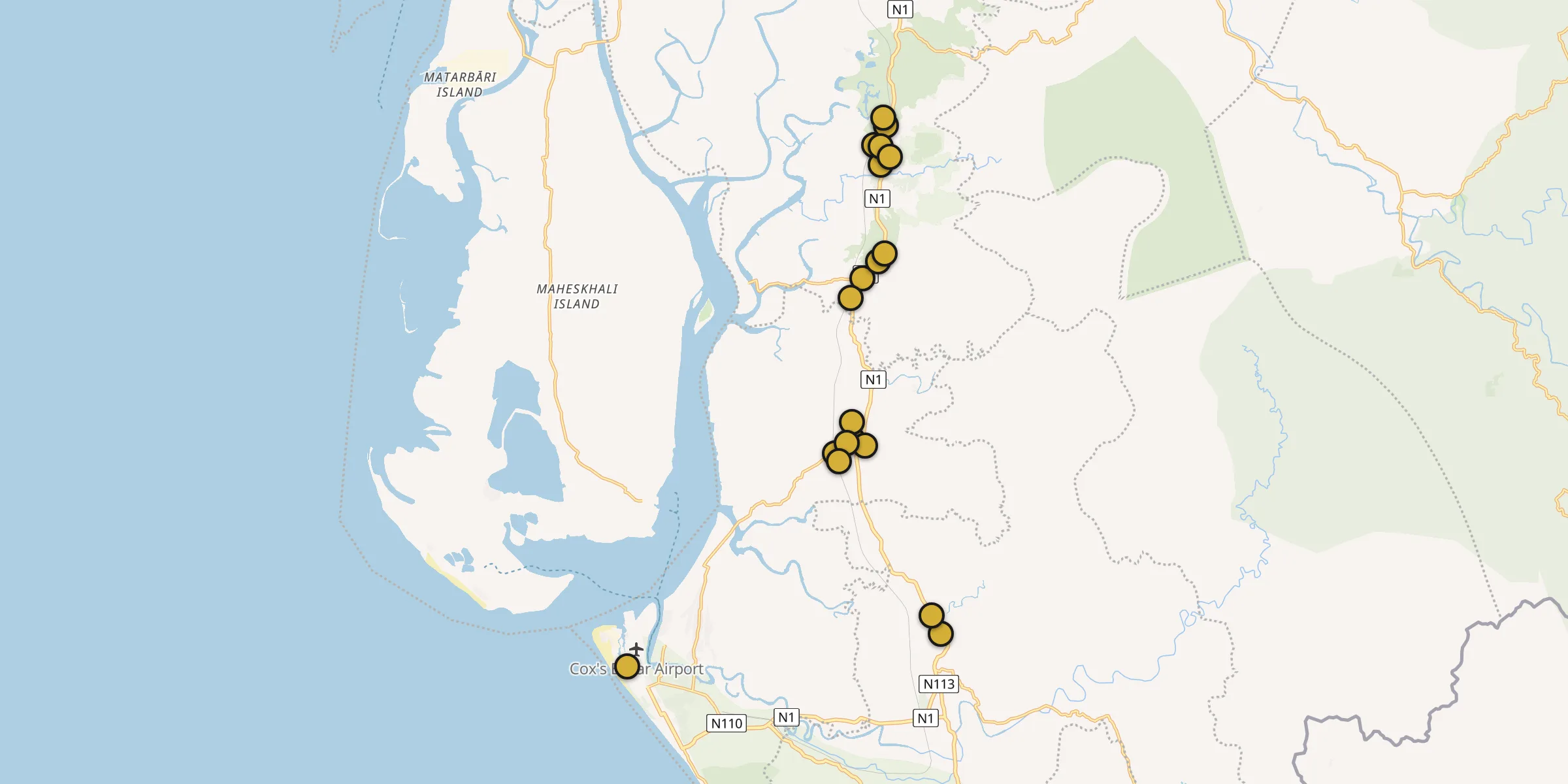 Plan des mosquées à Cox's Bazar : cliquez sur un point pour voir la fiche