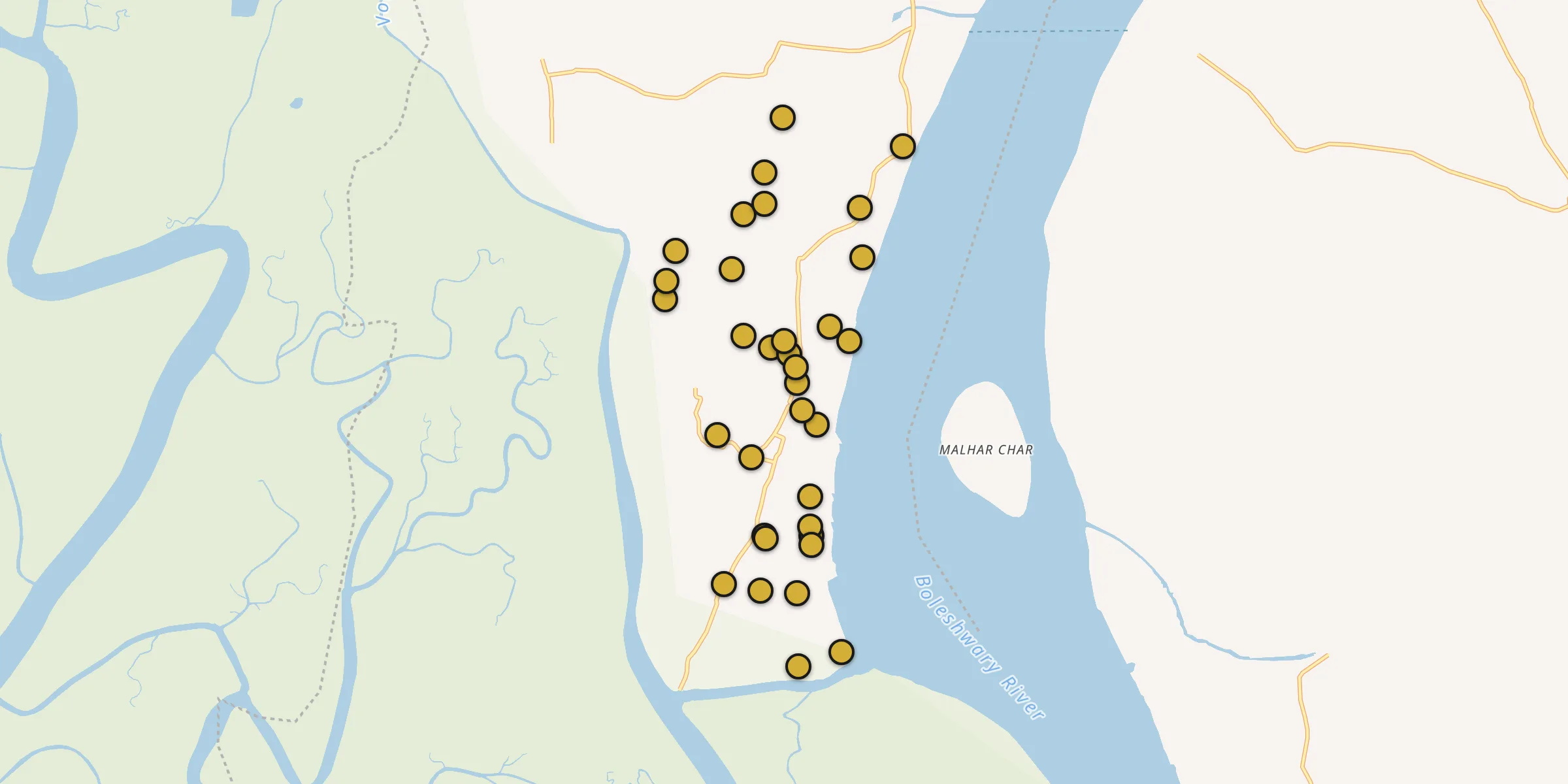 Plan des mosquées à Patuakhali : cliquez sur un point pour voir la fiche