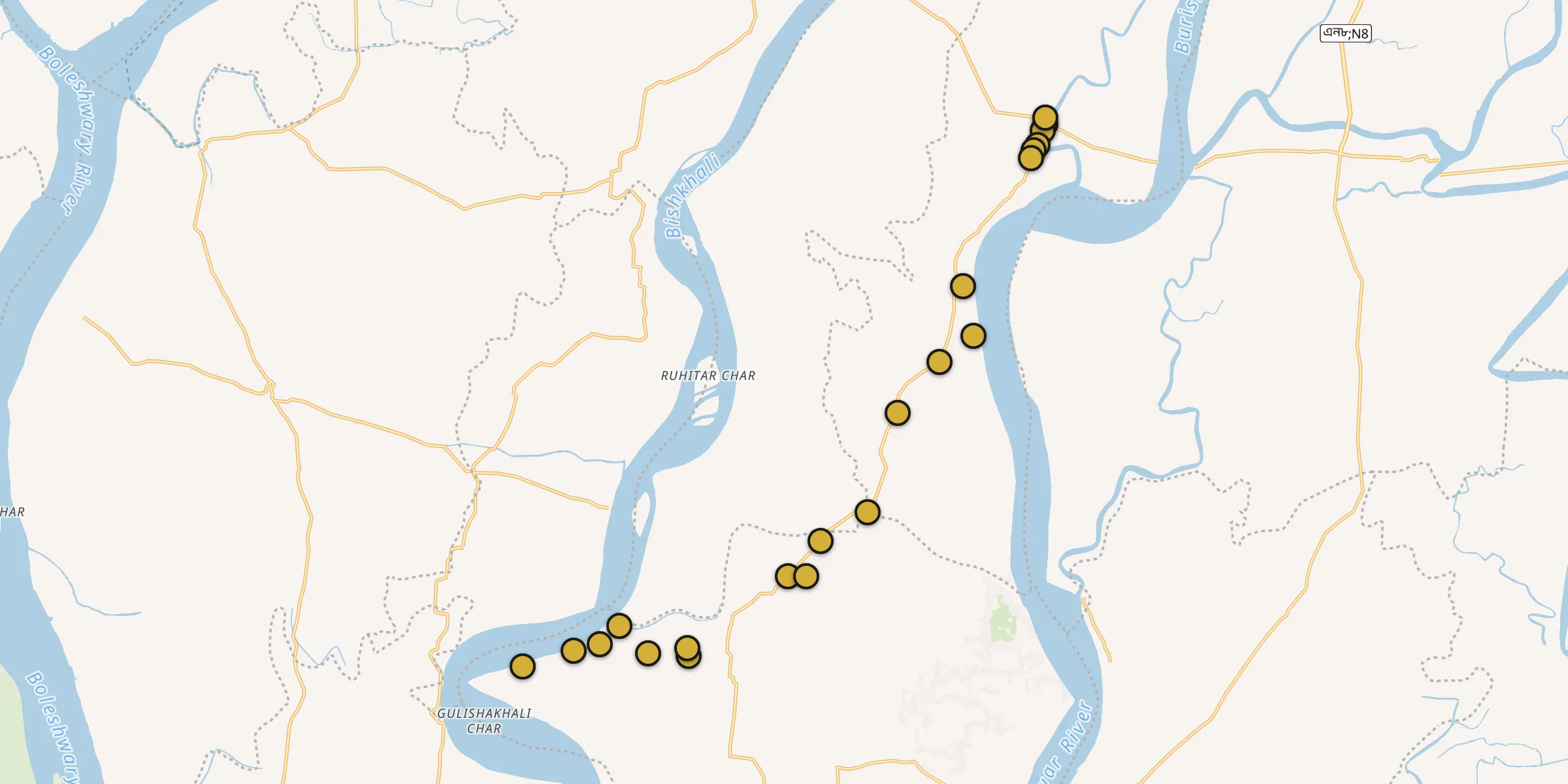 Plan des mosquées à Bhola : cliquez sur un point pour voir la fiche