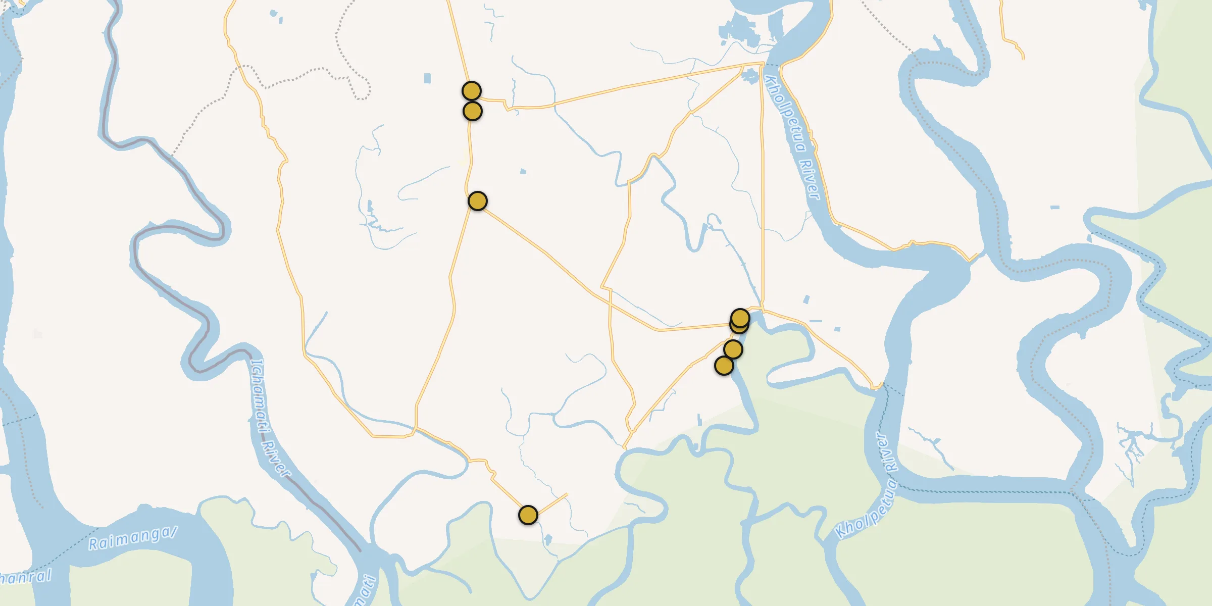 Plan des mosquées à Bagerhat : cliquez sur un point pour voir la fiche
