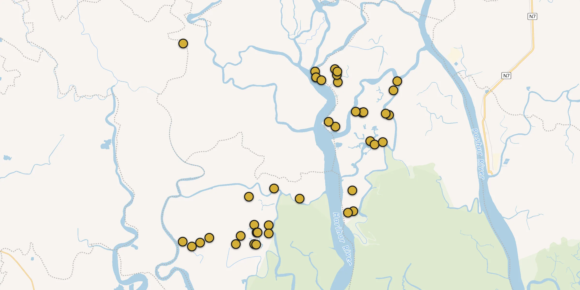 Plan des mosquées à Pirojpur : cliquez sur un point pour voir la fiche