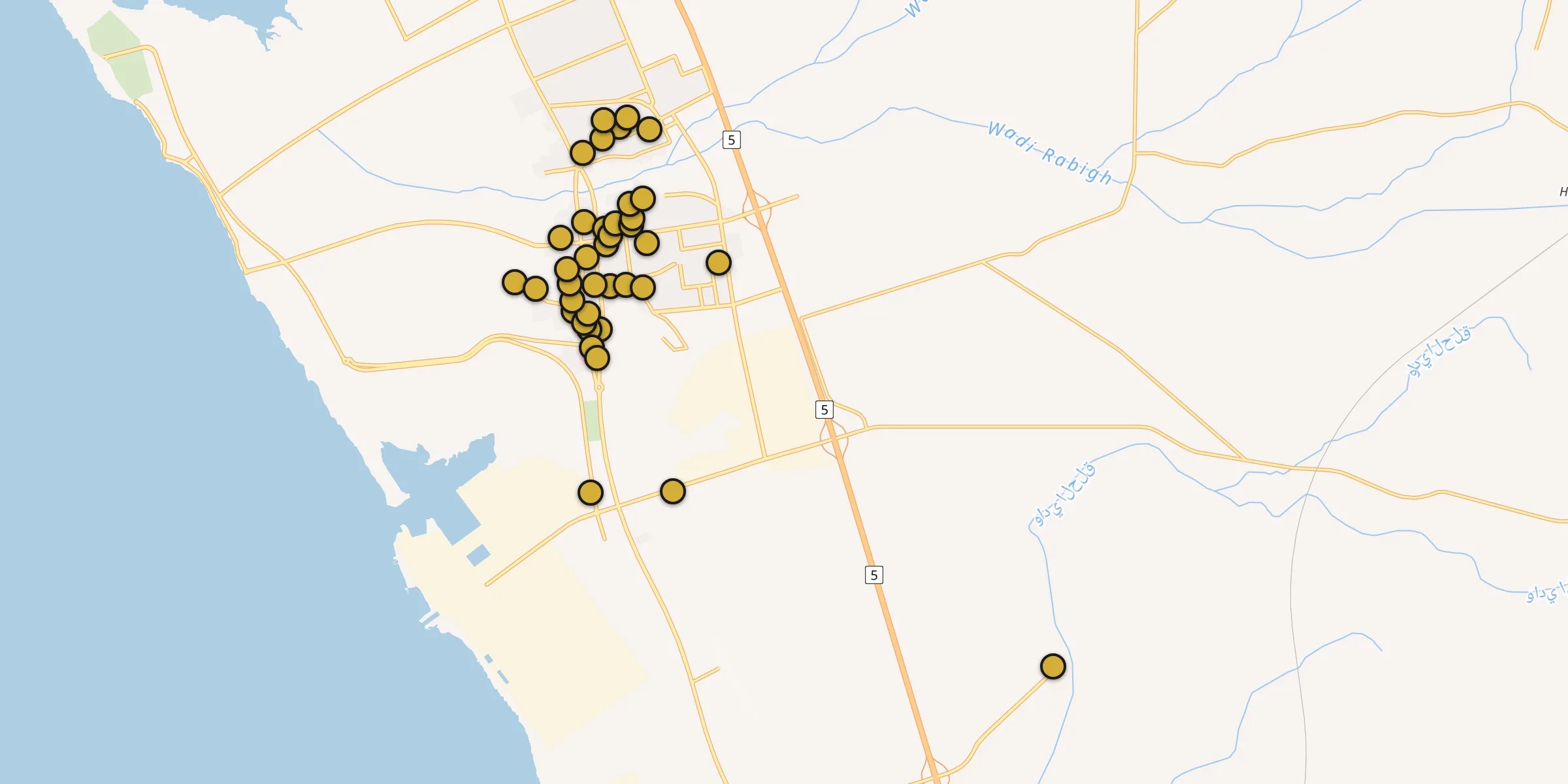 Plan des mosquées à Rābigh : cliquez sur un point pour voir la fiche