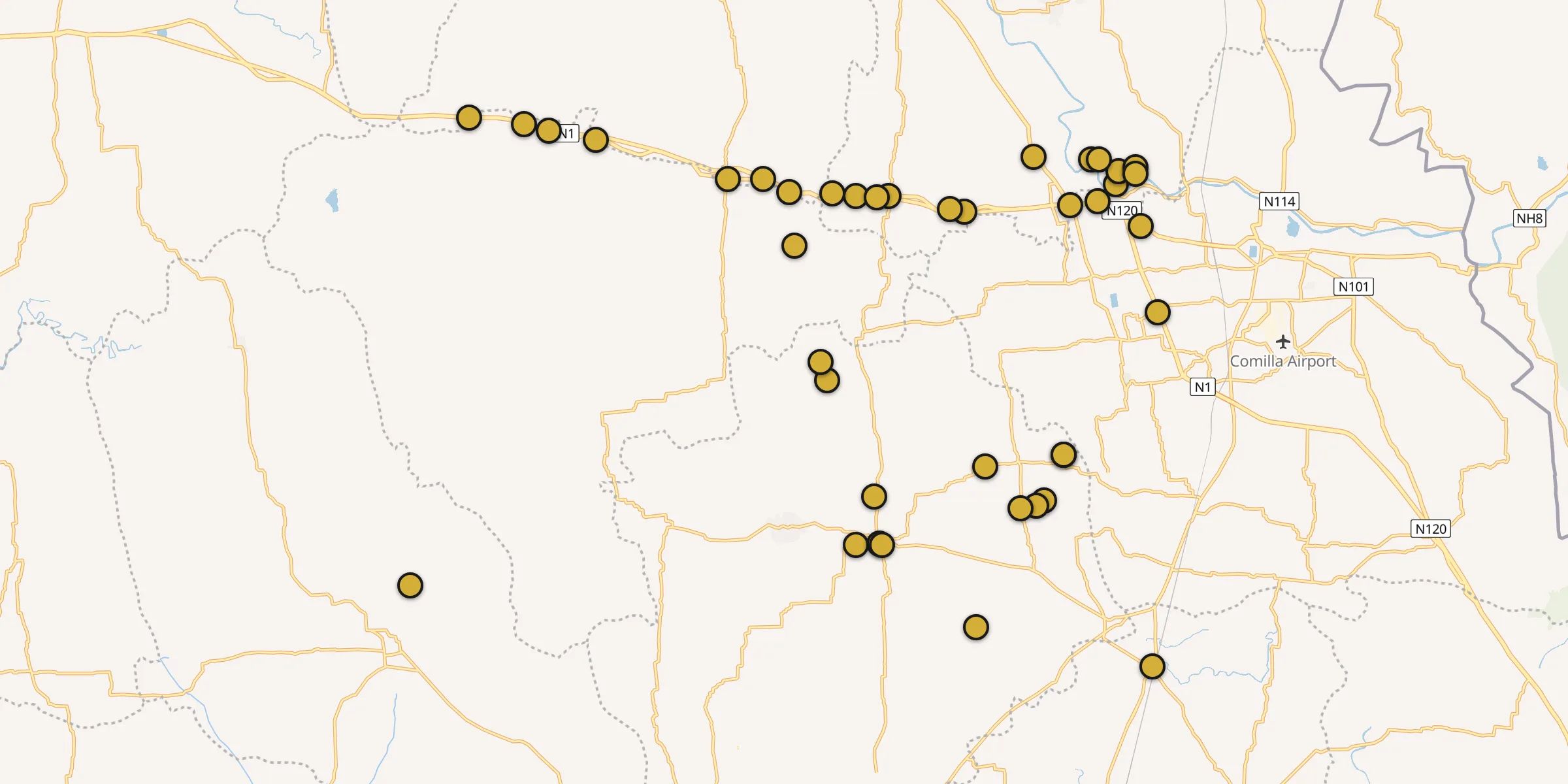 Plan des mosquées à Comilla : cliquez sur un point pour voir la fiche