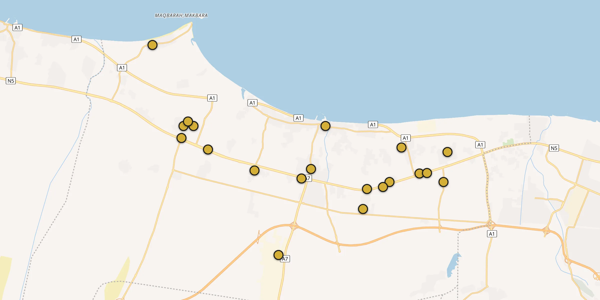 Plan des mosquées à Barkā’ : cliquez sur un point pour voir la fiche