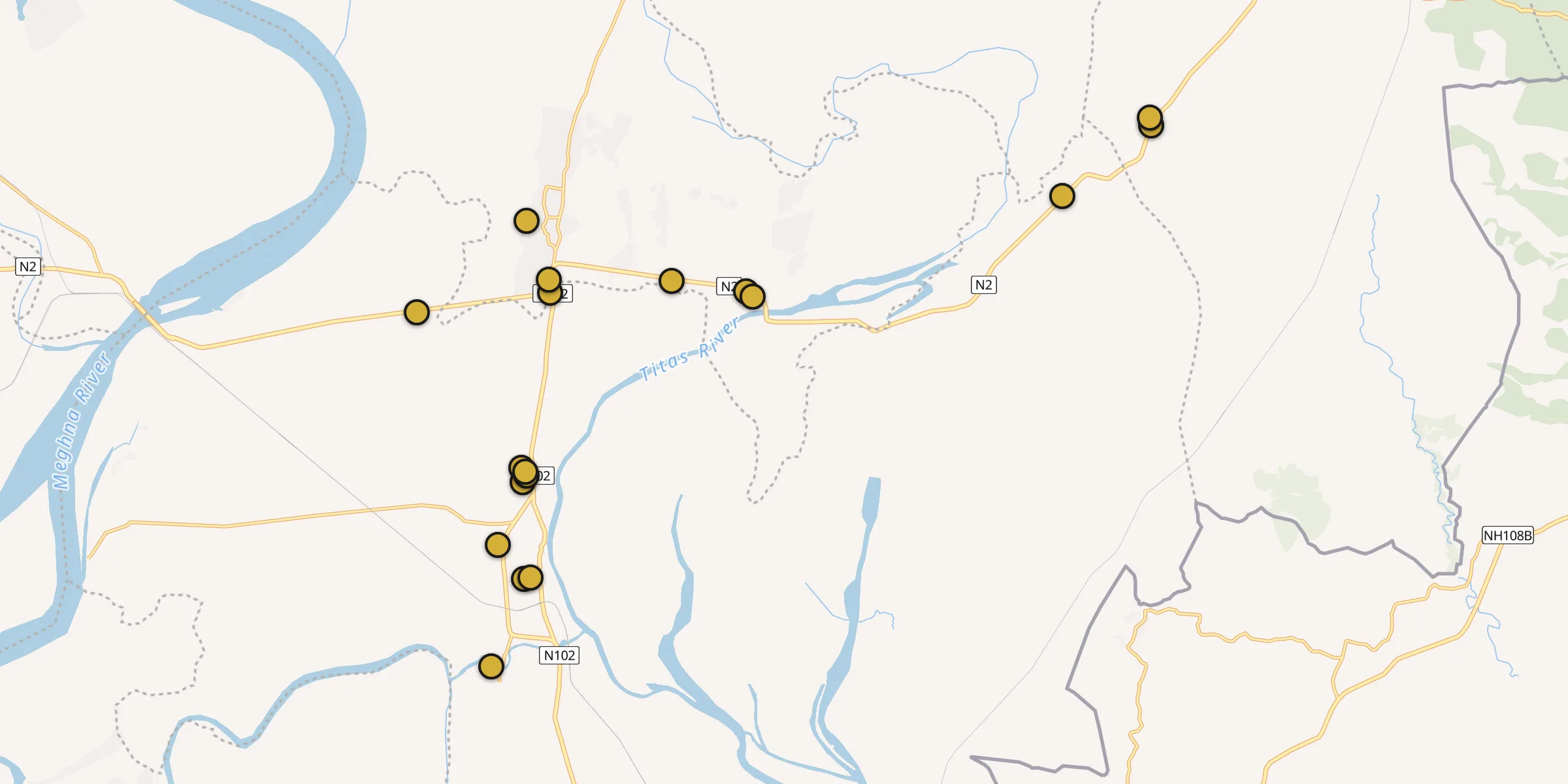Plan des mosquées à Brahmanbaria : cliquez sur un point pour voir la fiche