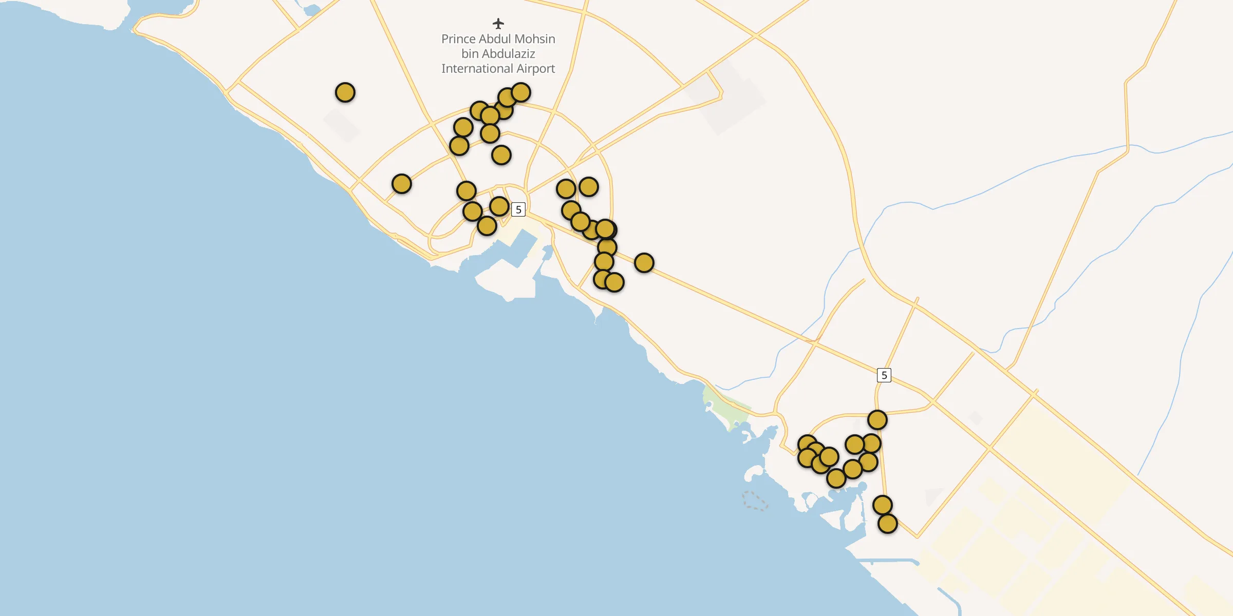 Plan des mosquées à Yanbu : cliquez sur un point pour voir la fiche