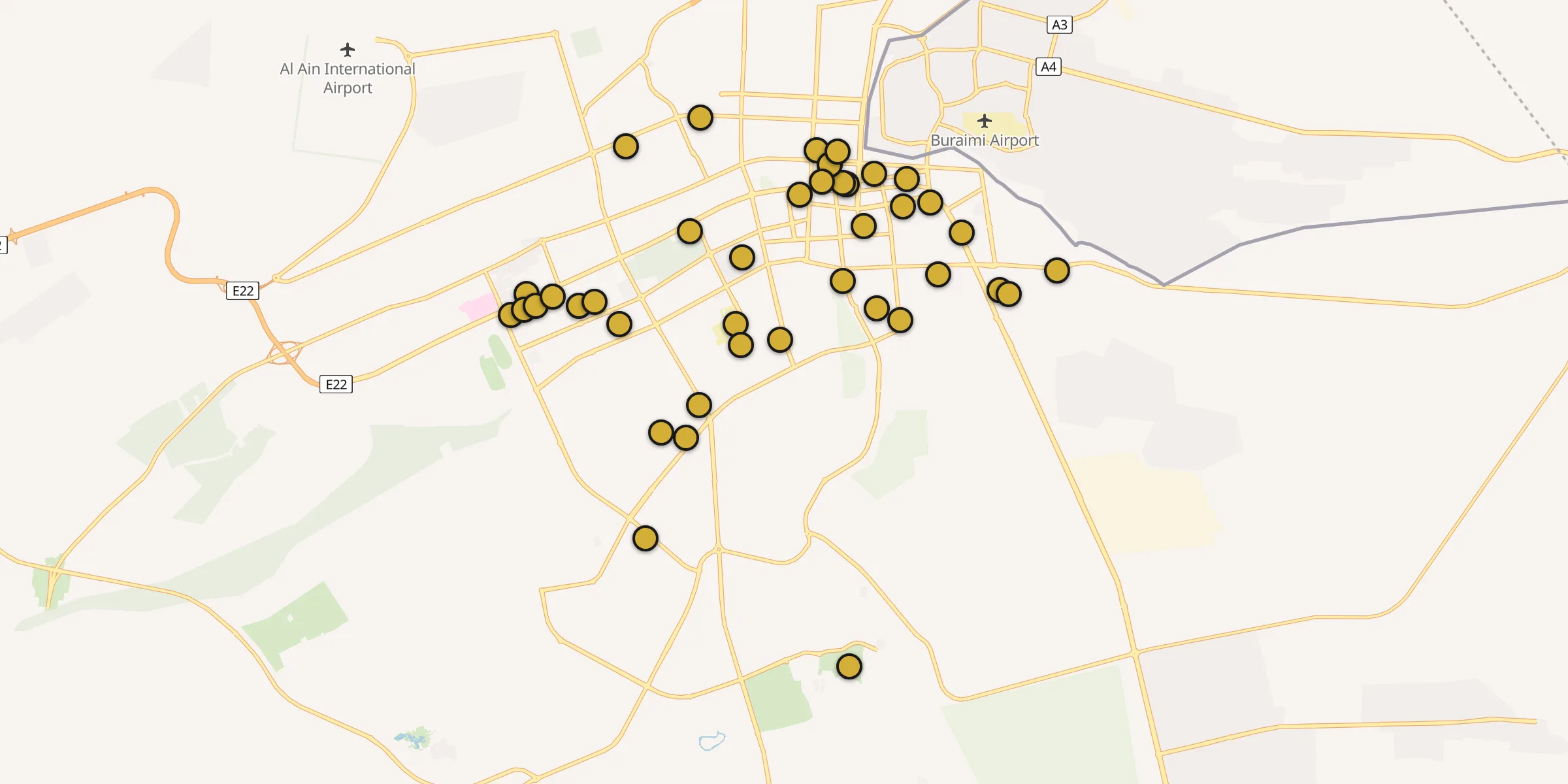 Plan des mosquées à Al-Aïn : cliquez sur un point pour voir la fiche