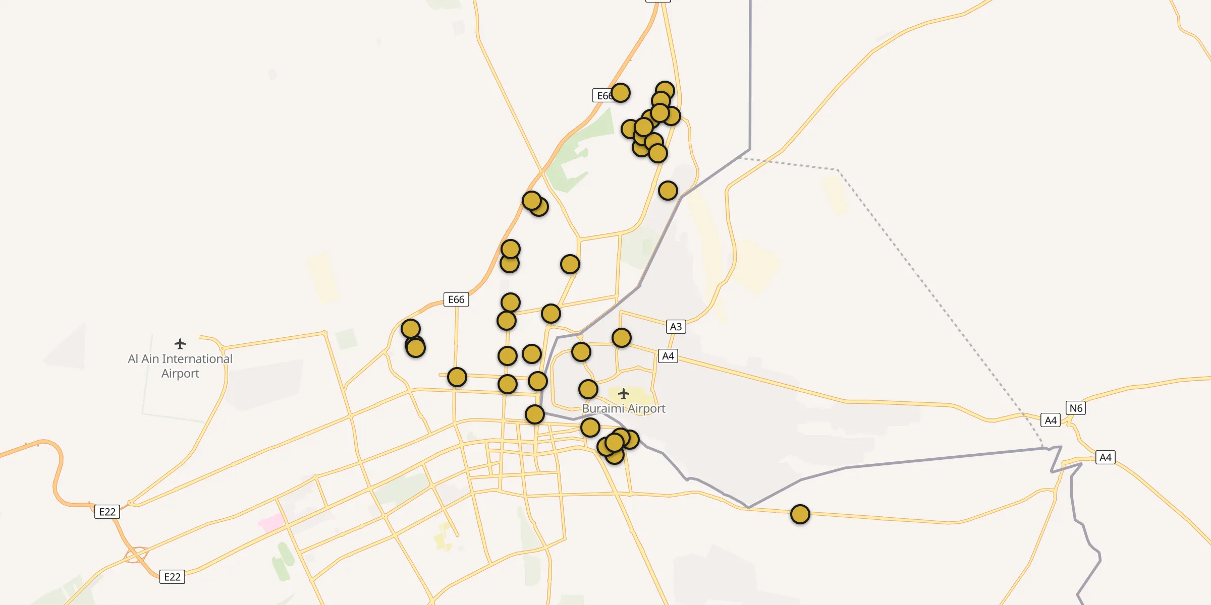 Plan des mosquées à Al Buraymī : cliquez sur un point pour voir la fiche