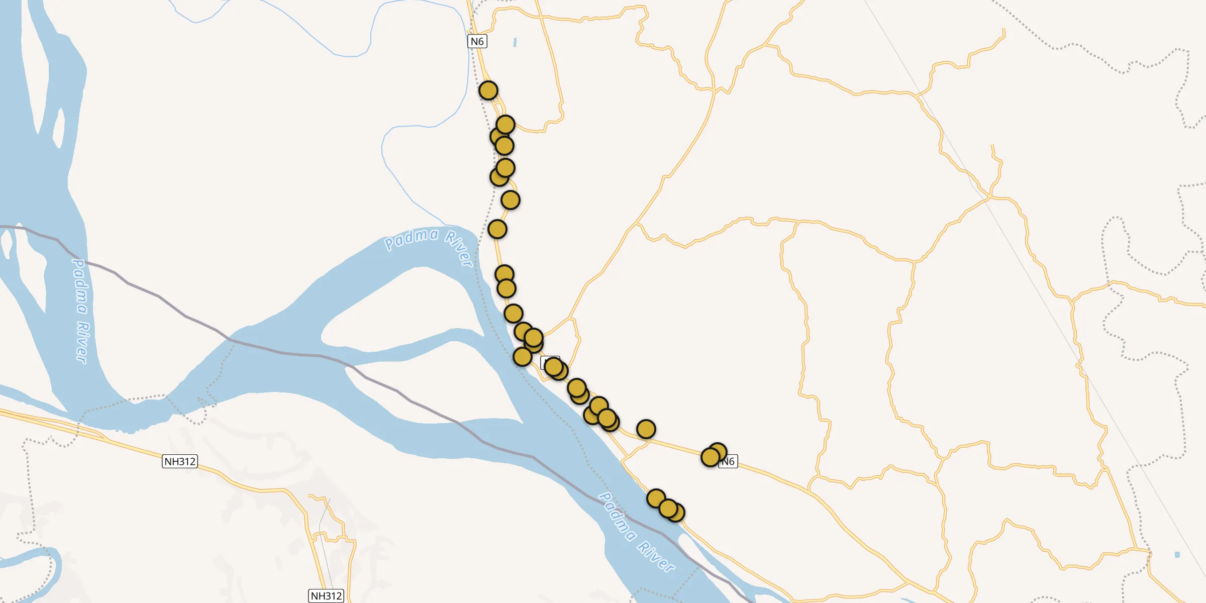 Plan des mosquées à Râjshâhî : cliquez sur un point pour voir la fiche