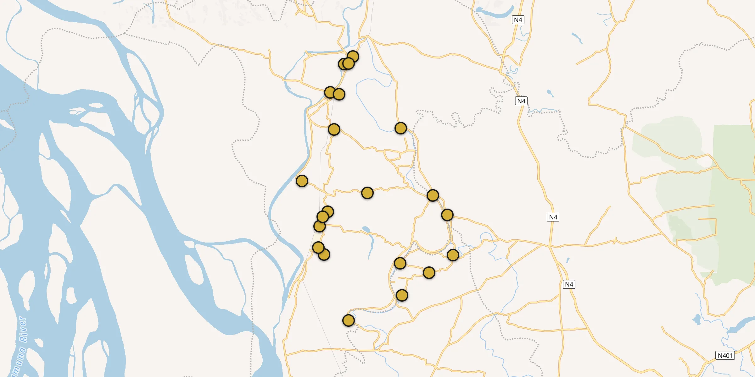 Plan des mosquées à Mymensingh : cliquez sur un point pour voir la fiche