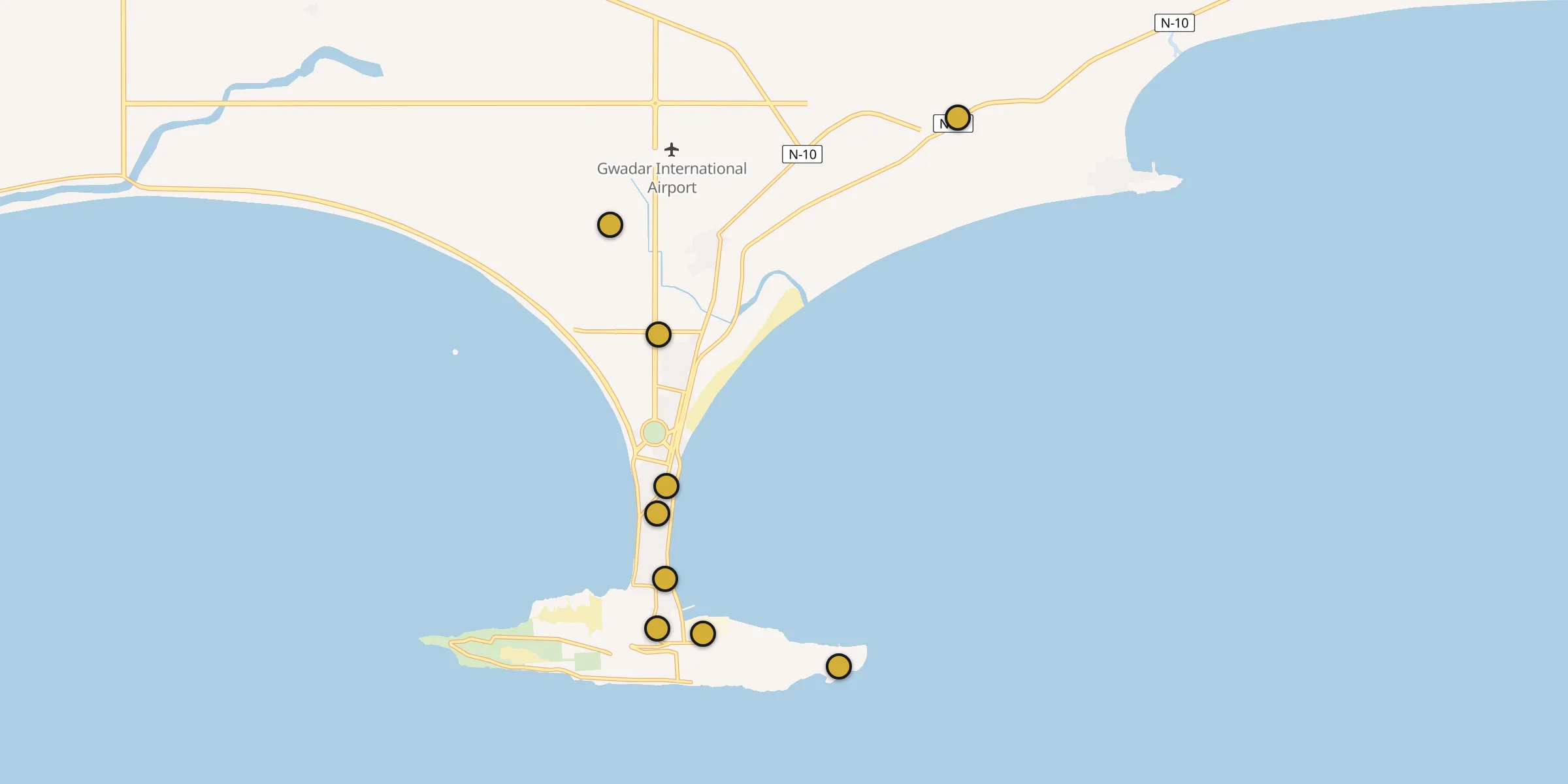 Plan des mosquées à Gwadar : cliquez sur un point pour voir la fiche