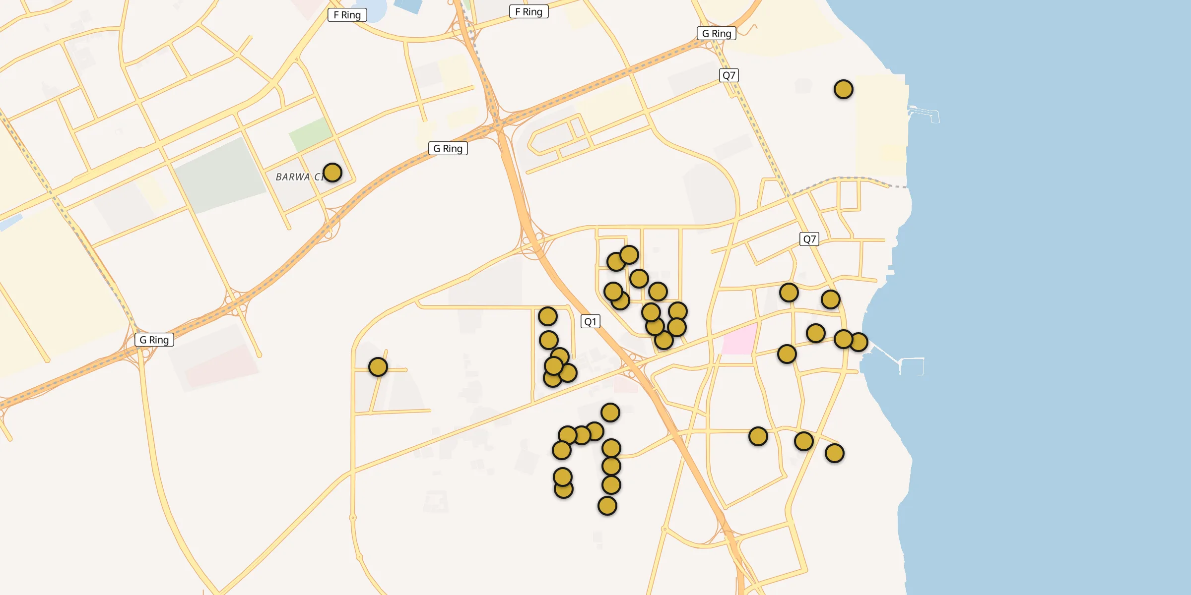 Plan des mosquées à Al Wakrah (ville) : cliquez sur un point pour voir la fiche