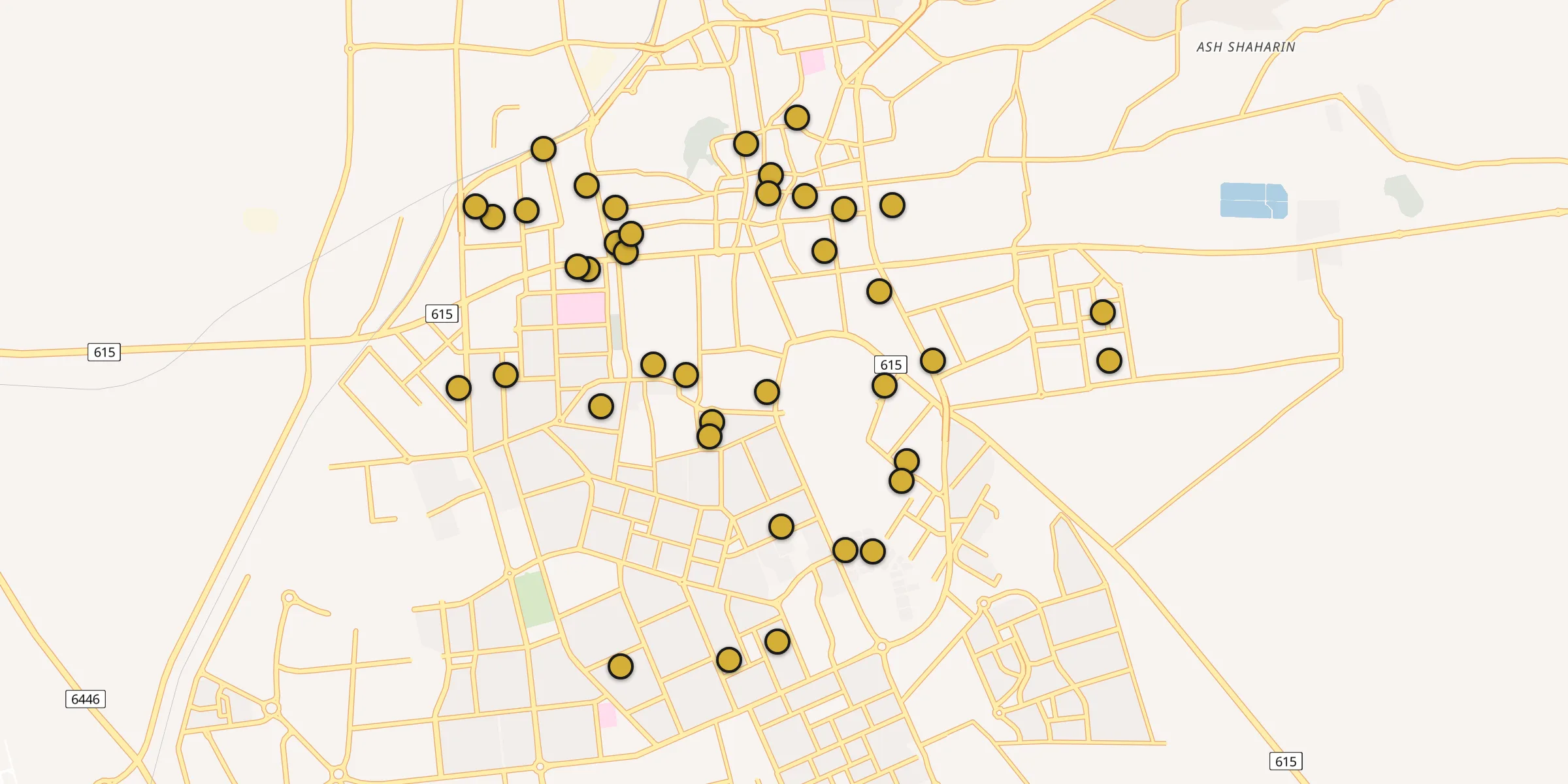 Plan des mosquées à Al Hufūf : cliquez sur un point pour voir la fiche