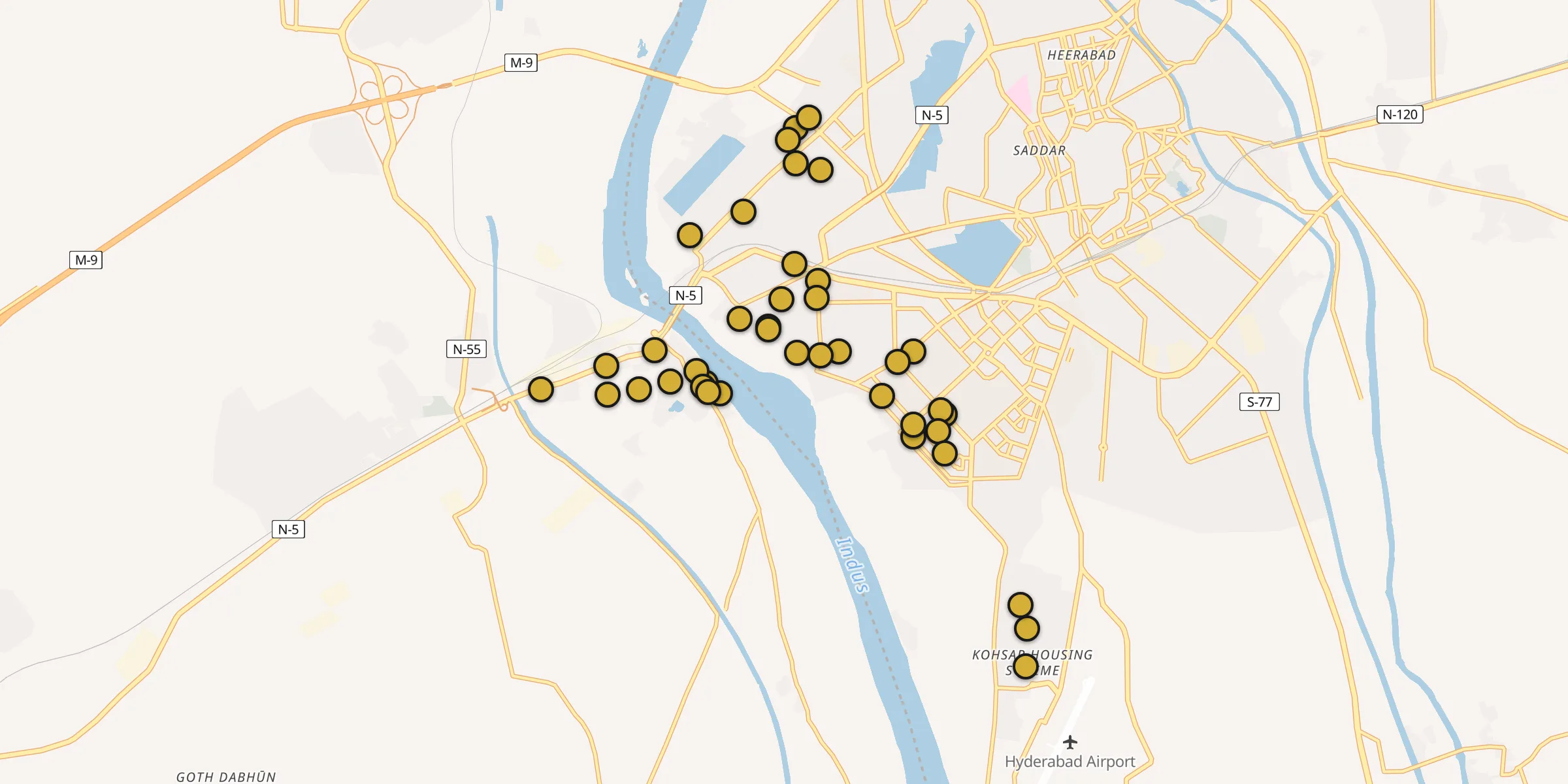 Plan des mosquées à Kotri : cliquez sur un point pour voir la fiche