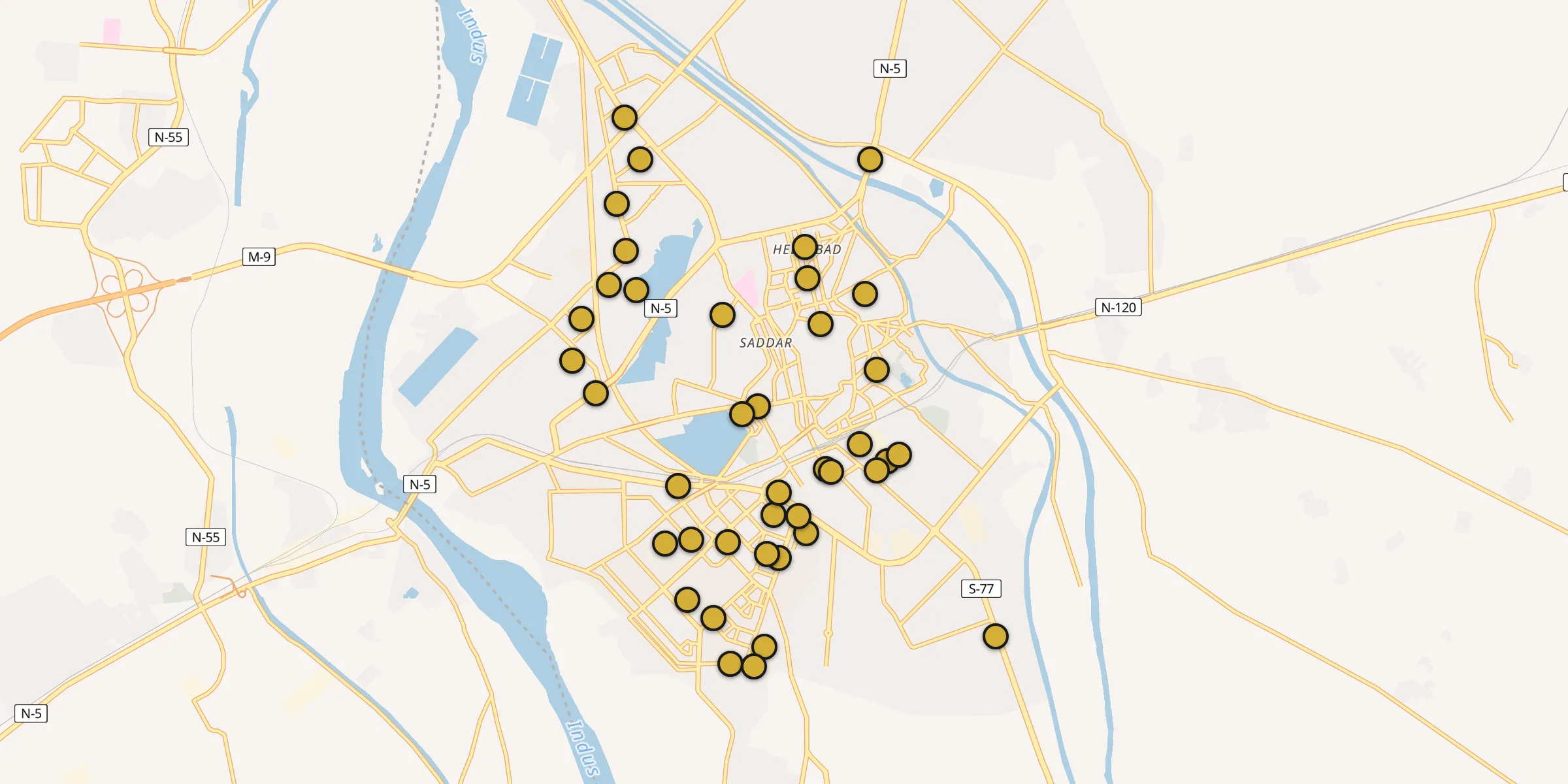 Plan des mosquées à Hyderâbâd : cliquez sur un point pour voir la fiche