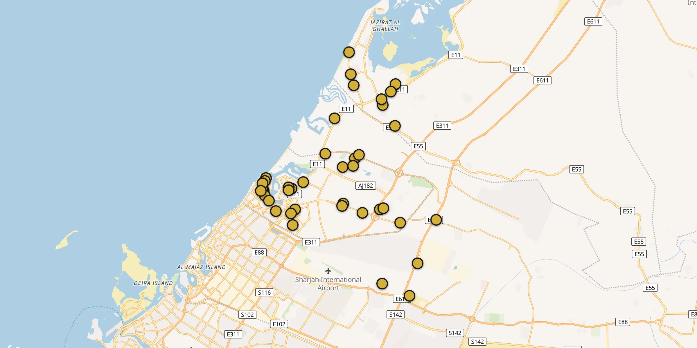 Plan des mosquées à Ajman : cliquez sur un point pour voir la fiche