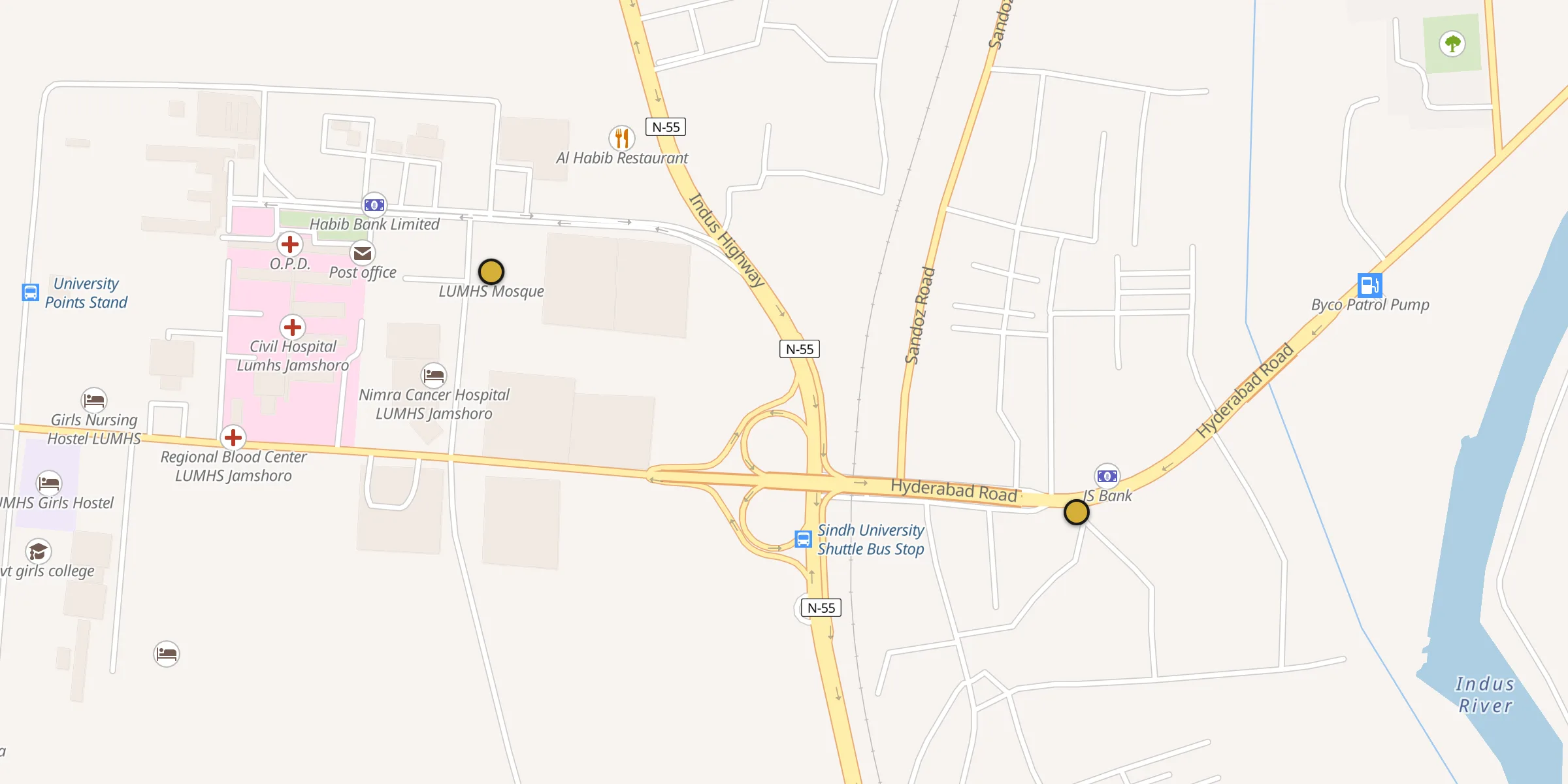 Plan des mosquées à Jamshoro : cliquez sur un point pour voir la fiche