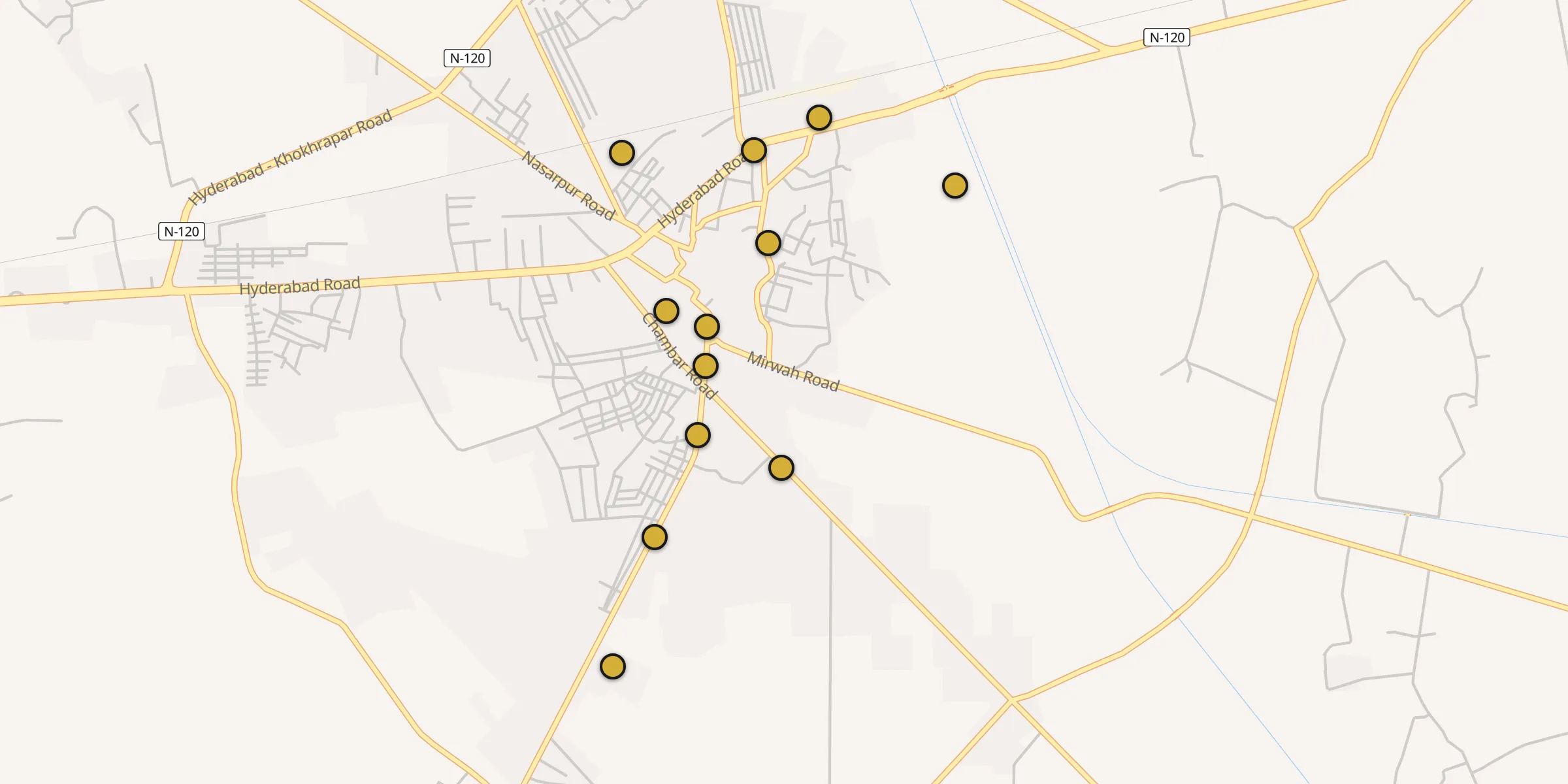 Plan des mosquées à Tando Allahyar : cliquez sur un point pour voir la fiche