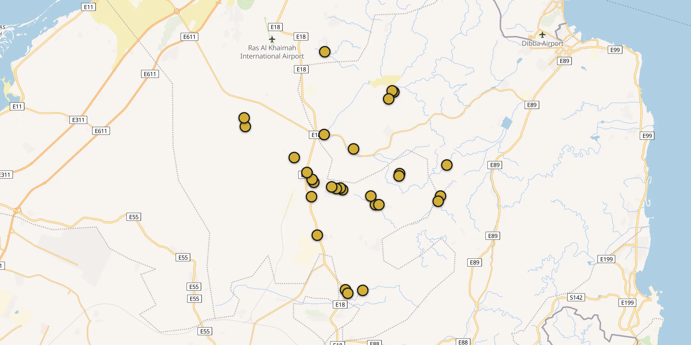 Plan des mosquées à Ras el Khaïmah : cliquez sur un point pour voir la fiche