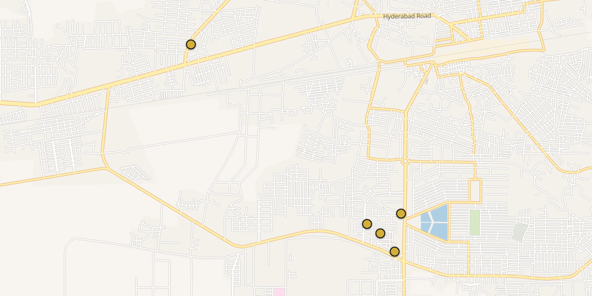 Plan des mosquées à Mirpur Khas : cliquez sur un point pour voir la fiche