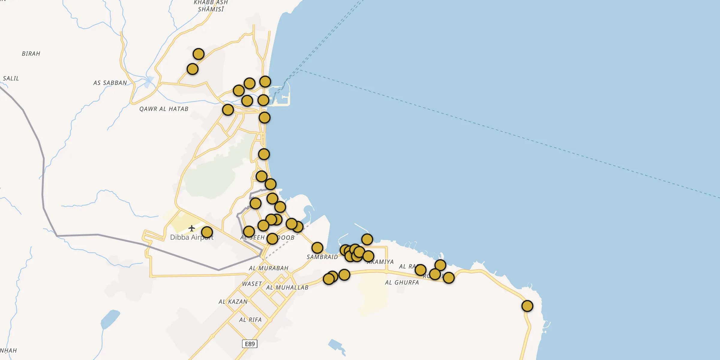 Plan des mosquées à Dibba Al-Hisn : cliquez sur un point pour voir la fiche