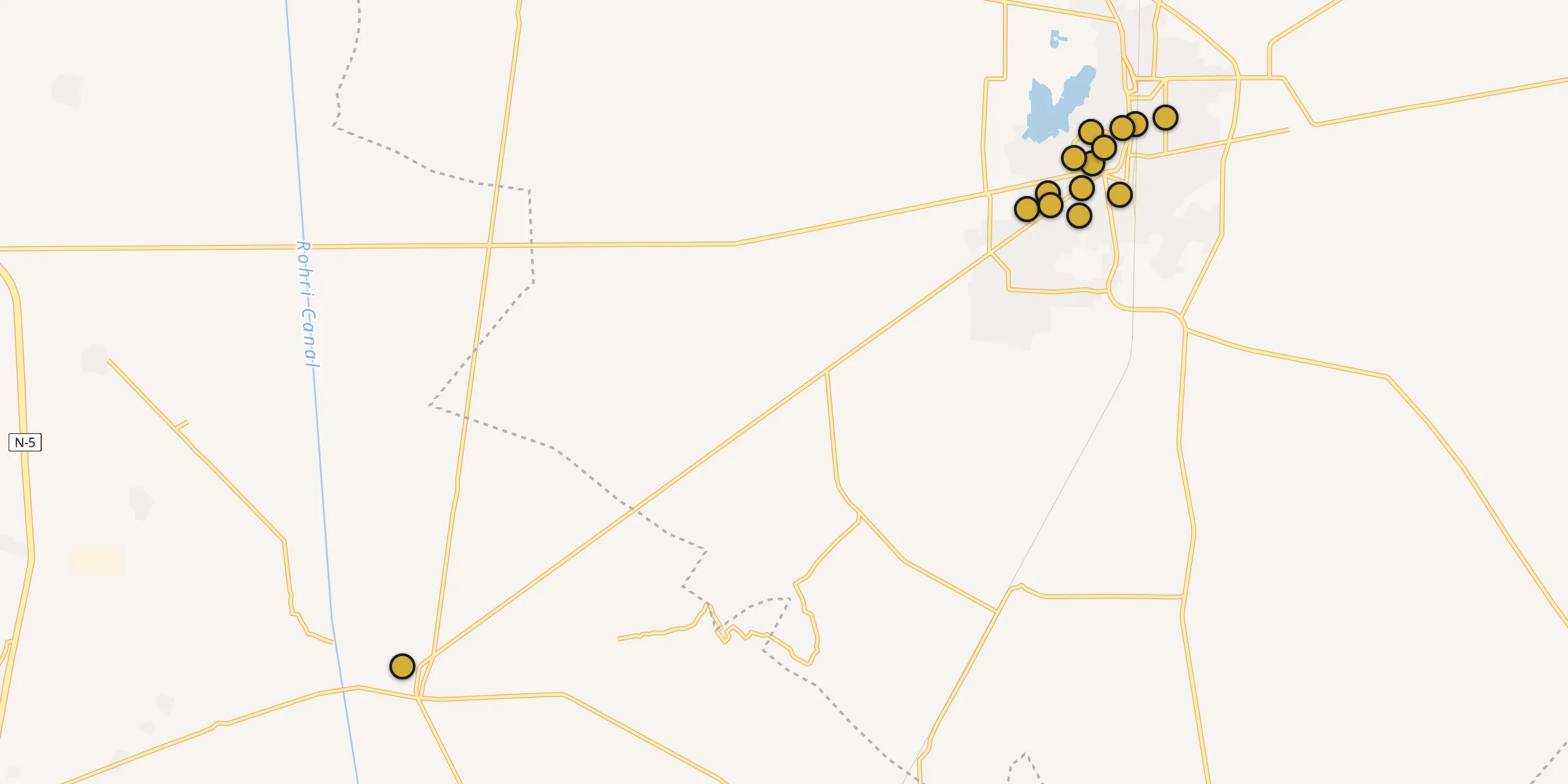 Plan des mosquées à Tando Adam : cliquez sur un point pour voir la fiche