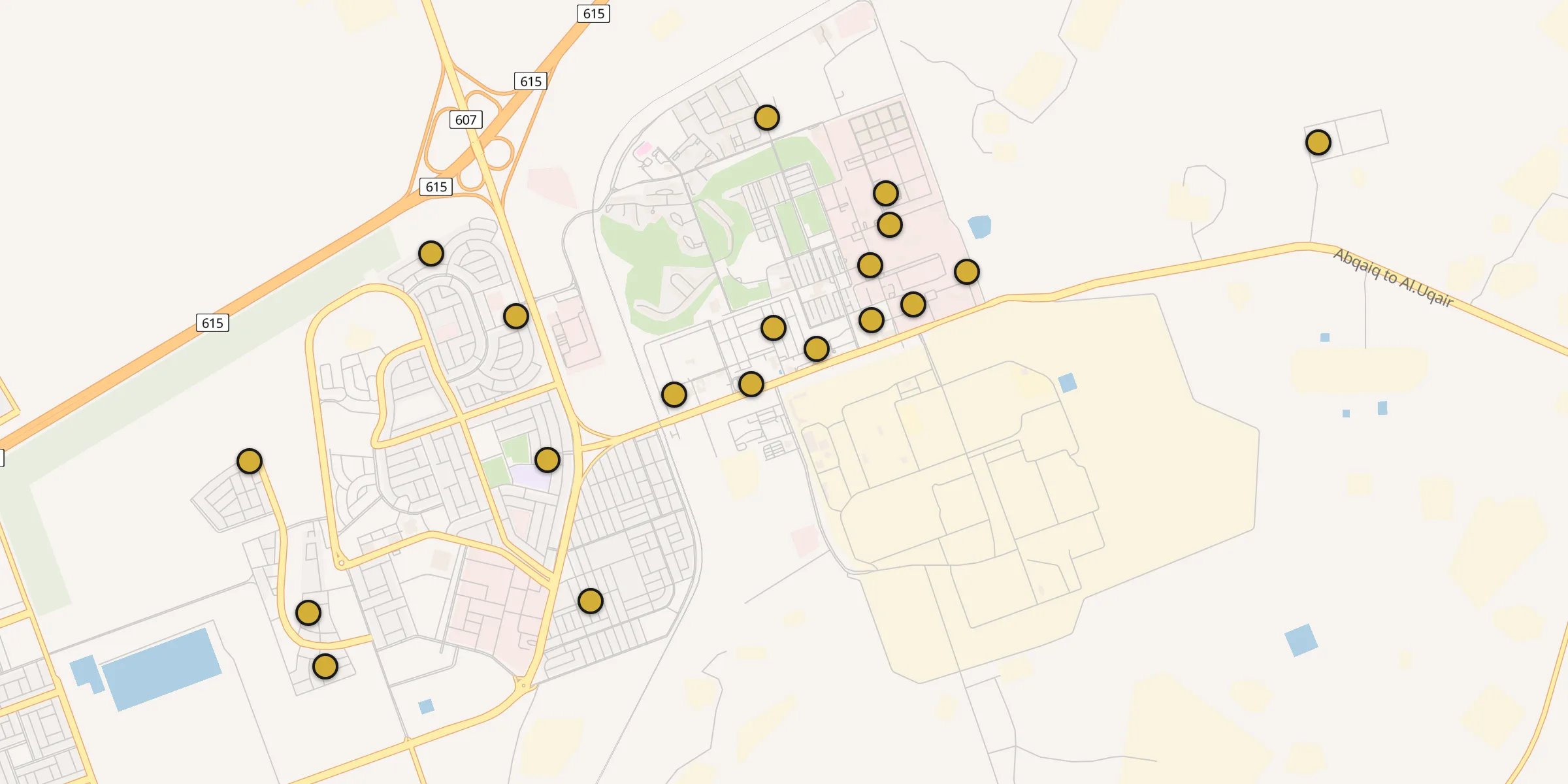 Plan des mosquées à Abqaïq : cliquez sur un point pour voir la fiche