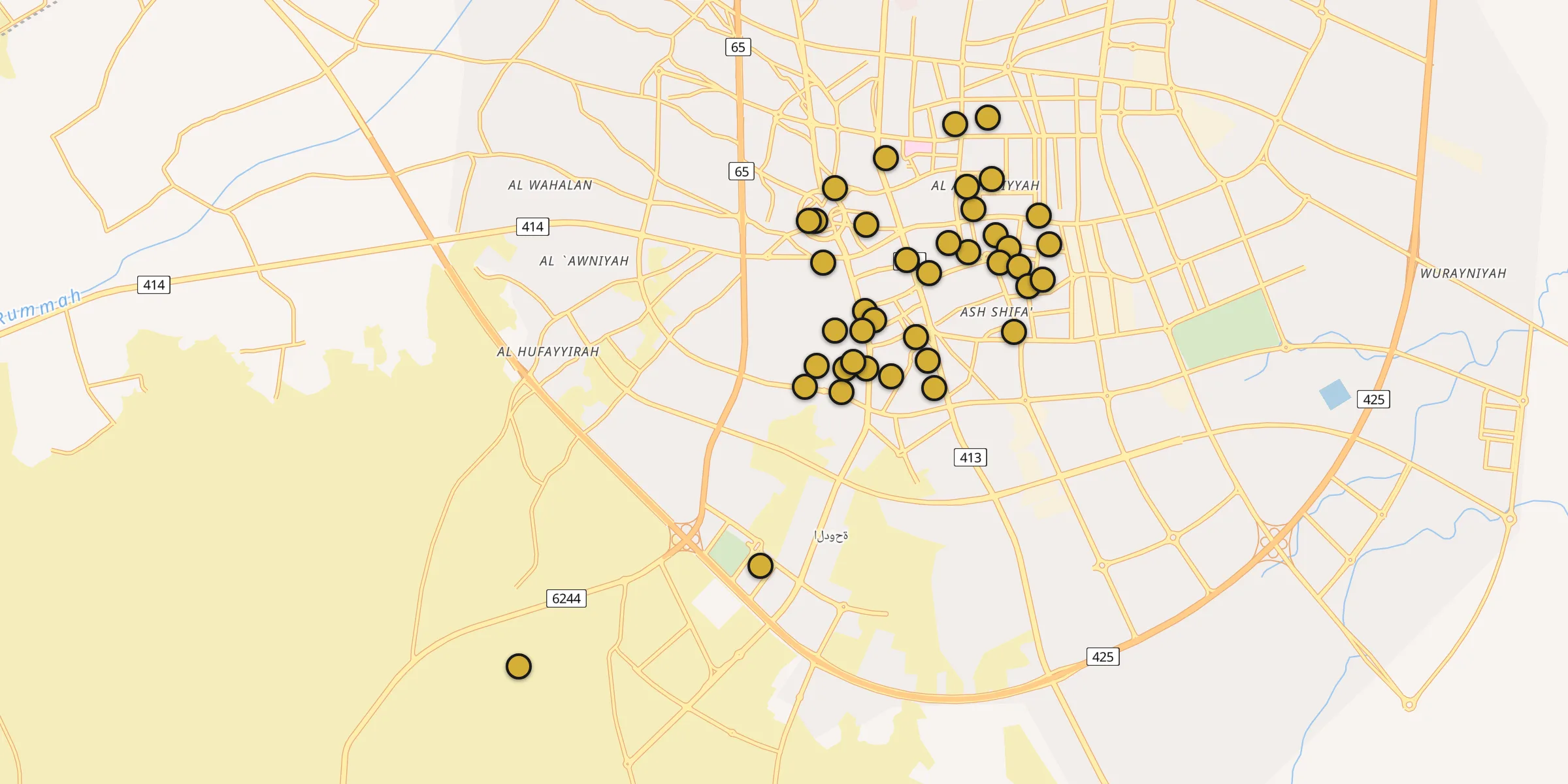 Plan des mosquées à Unaizah : cliquez sur un point pour voir la fiche