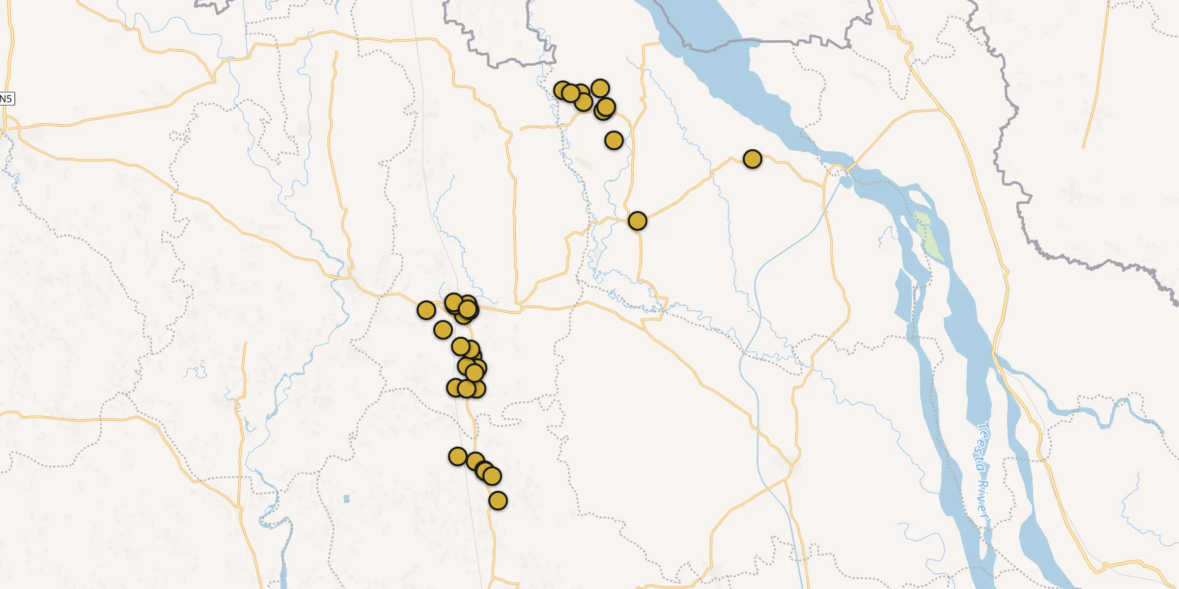 Plan des mosquées à Lalmonirhat : cliquez sur un point pour voir la fiche