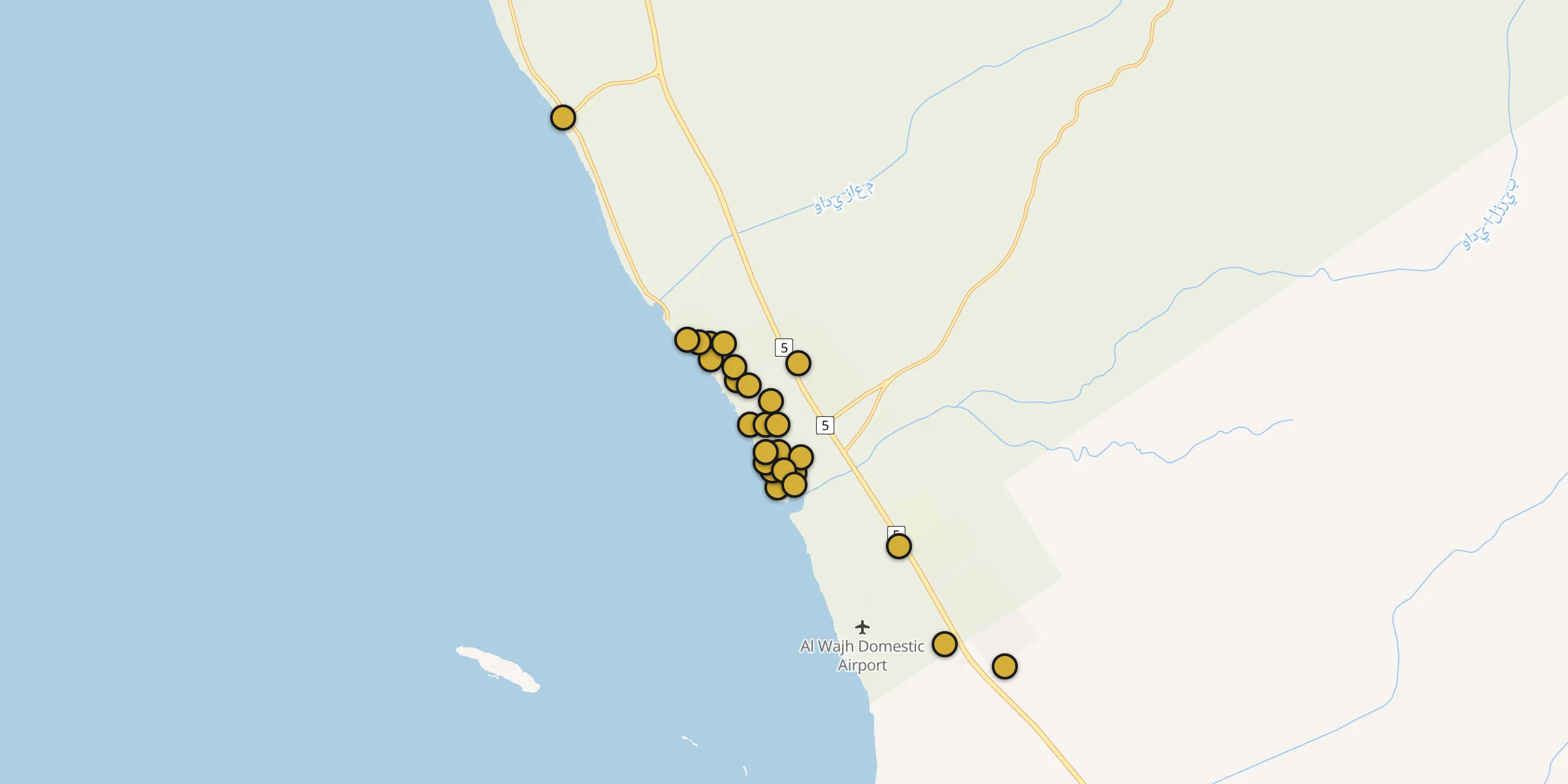 Plan des mosquées à Al Wajh : cliquez sur un point pour voir la fiche
