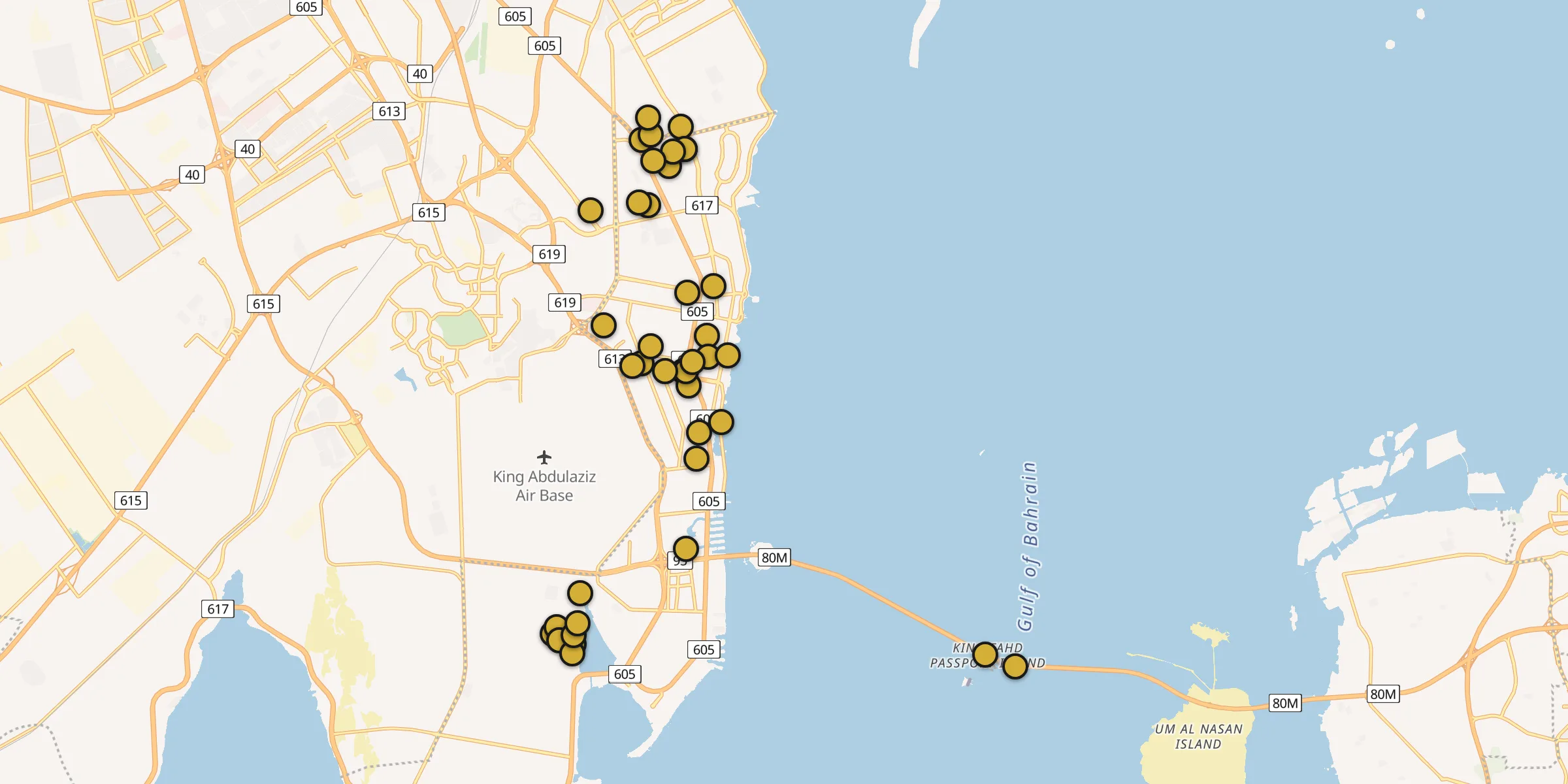 Plan des mosquées à Khobar : cliquez sur un point pour voir la fiche