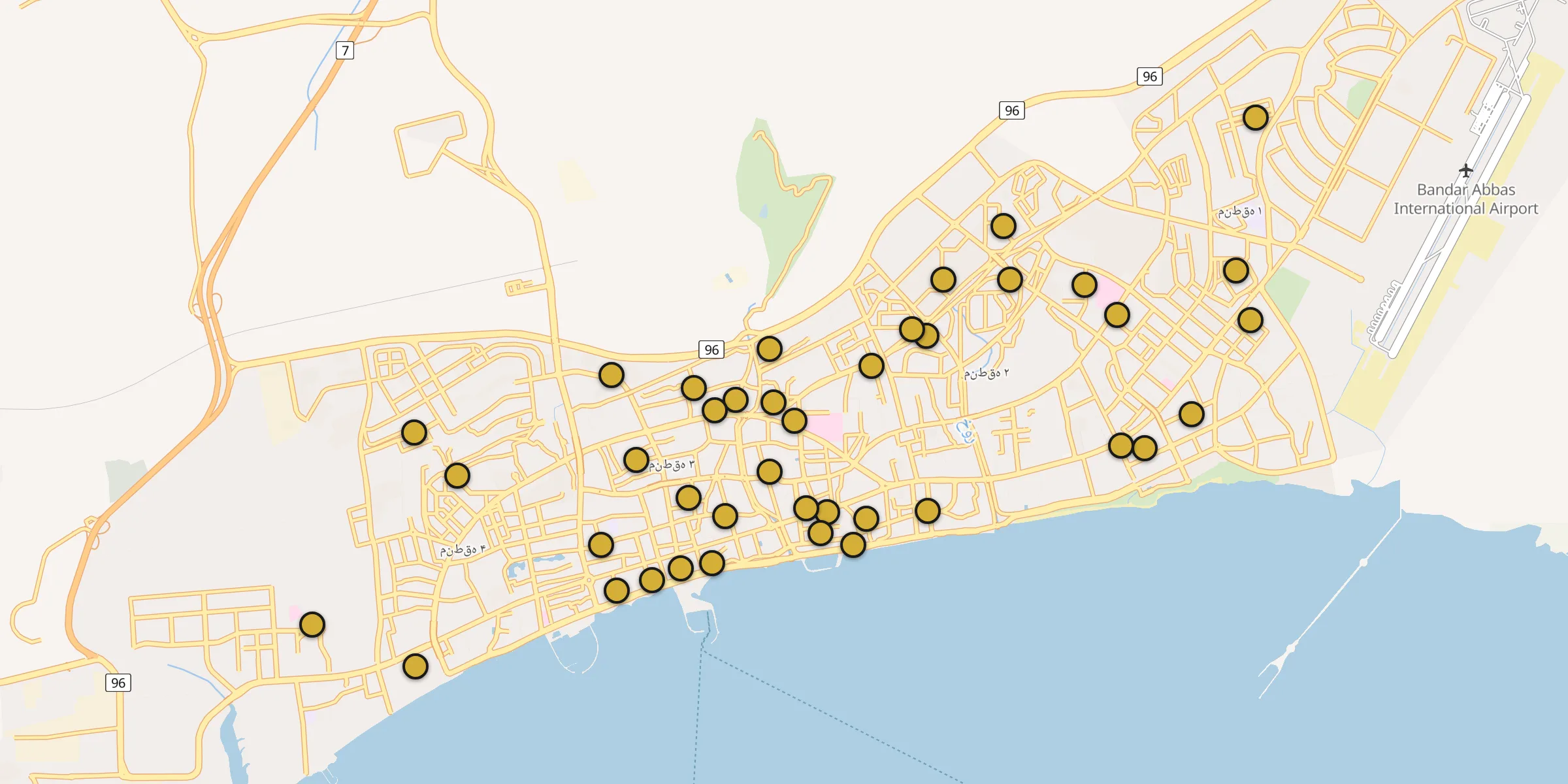Plan des mosquées à Bandar Abbas : cliquez sur un point pour voir la fiche